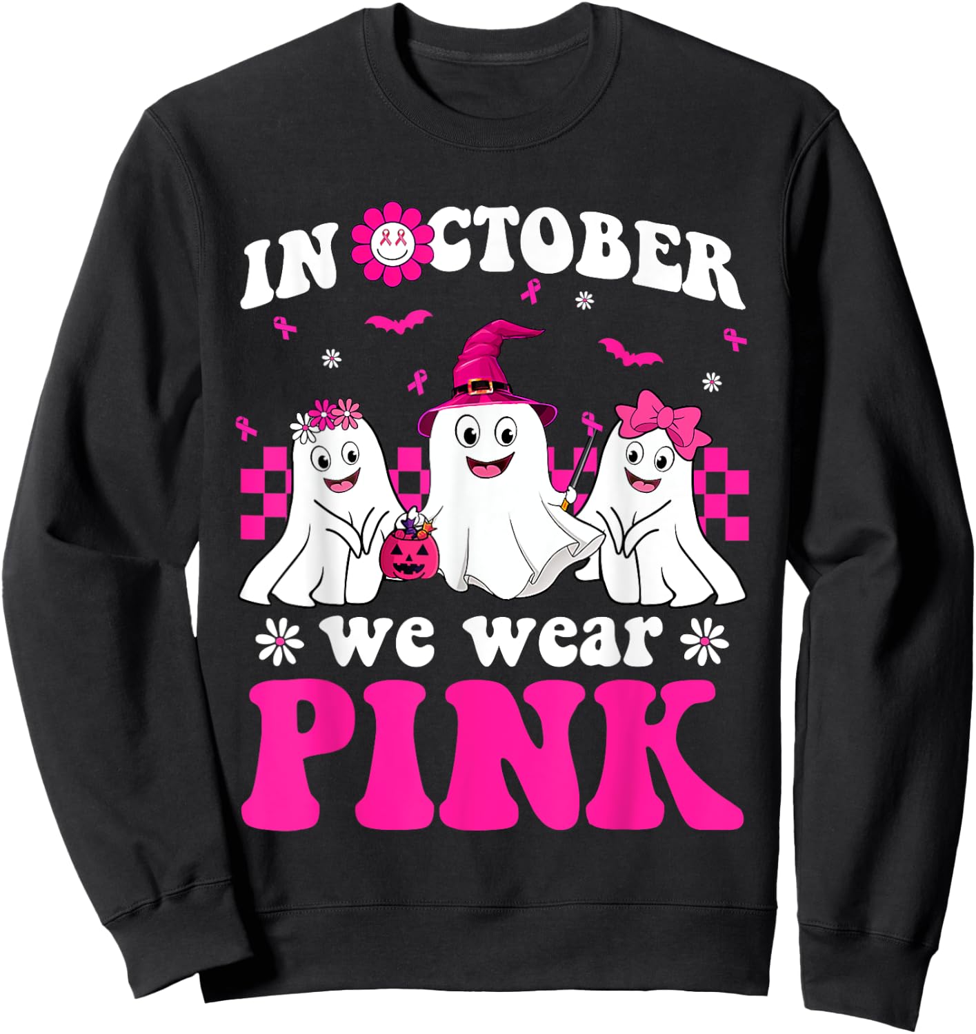 Wear Pink Groovy Ghost Halloween Breast Cancer Awareness Sweatshirt - Sweatshirt | Black