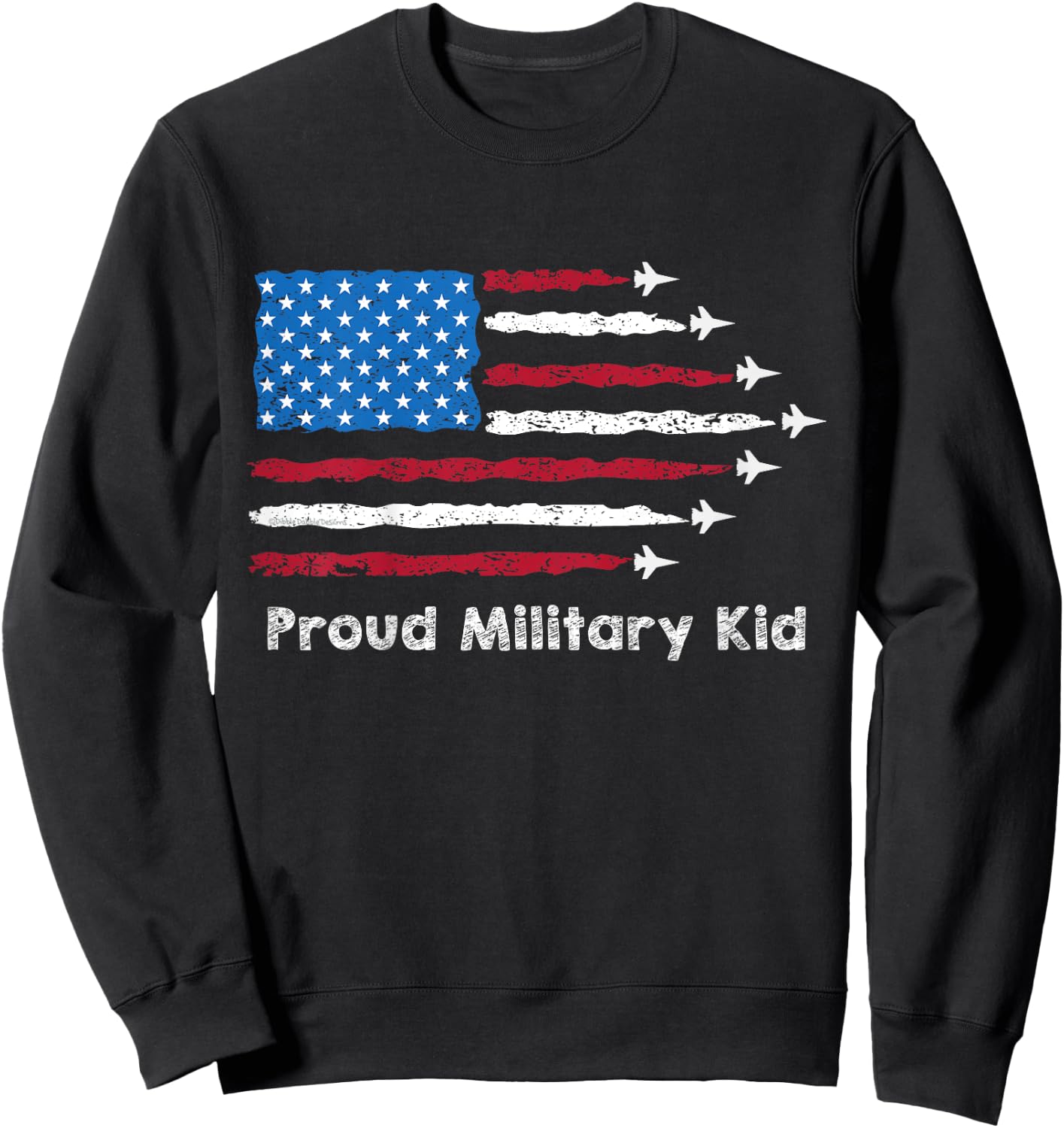 Kids Red, White and Blue US Flag with Jets Proud Military Kid Sweatshirt - Sweatshirt | Black