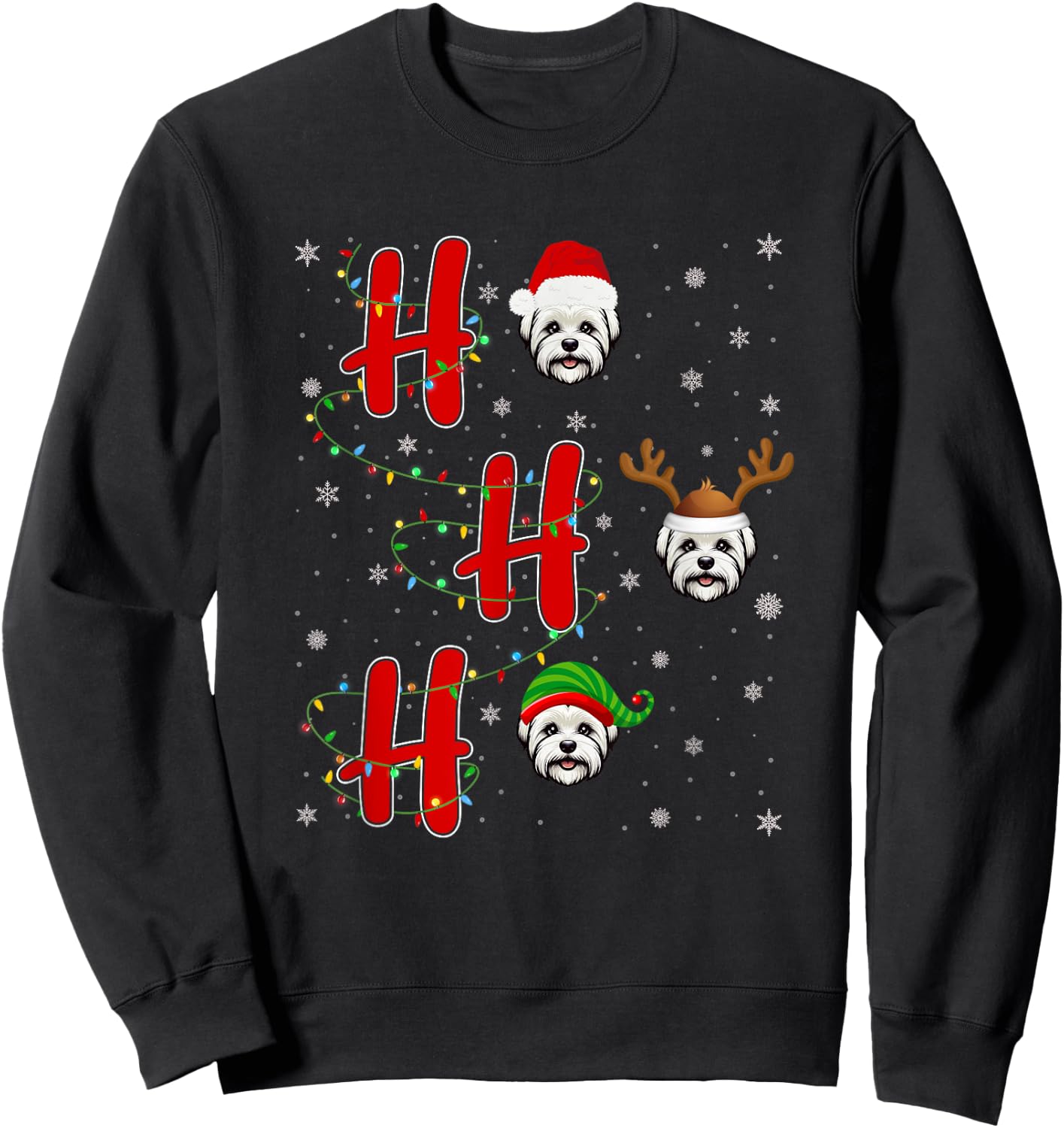 Xmas Lights HO HO HO Maltese Dog Funny Ugly Christmas Sweatshirt - Sweatshirt | Black
