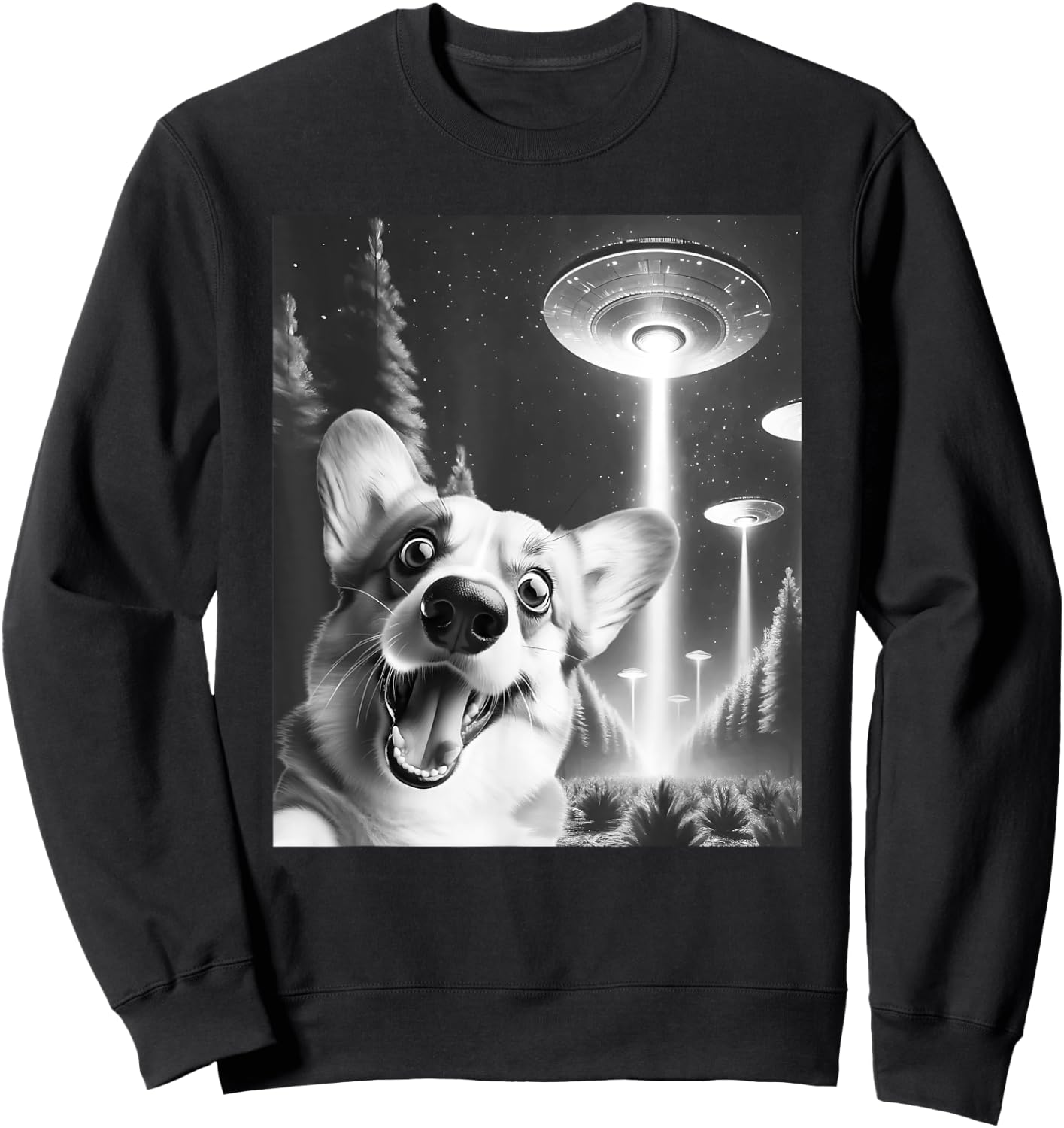 Funny Corgi Alien UFO Taking a Selfie Dog Mom Dad Sweatshirt - Sweatshirt | Black