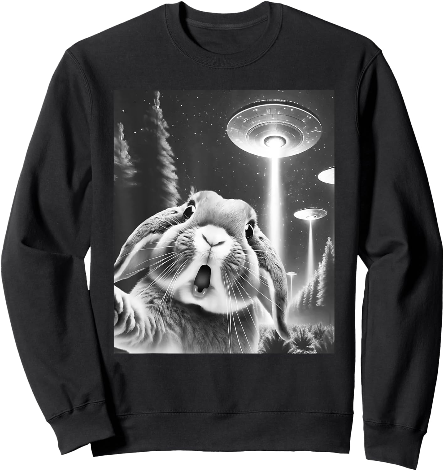 Funny Rabbit Alien UFO Taking a Selfie Animal Lover Sweatshirt - Sweatshirt | Black