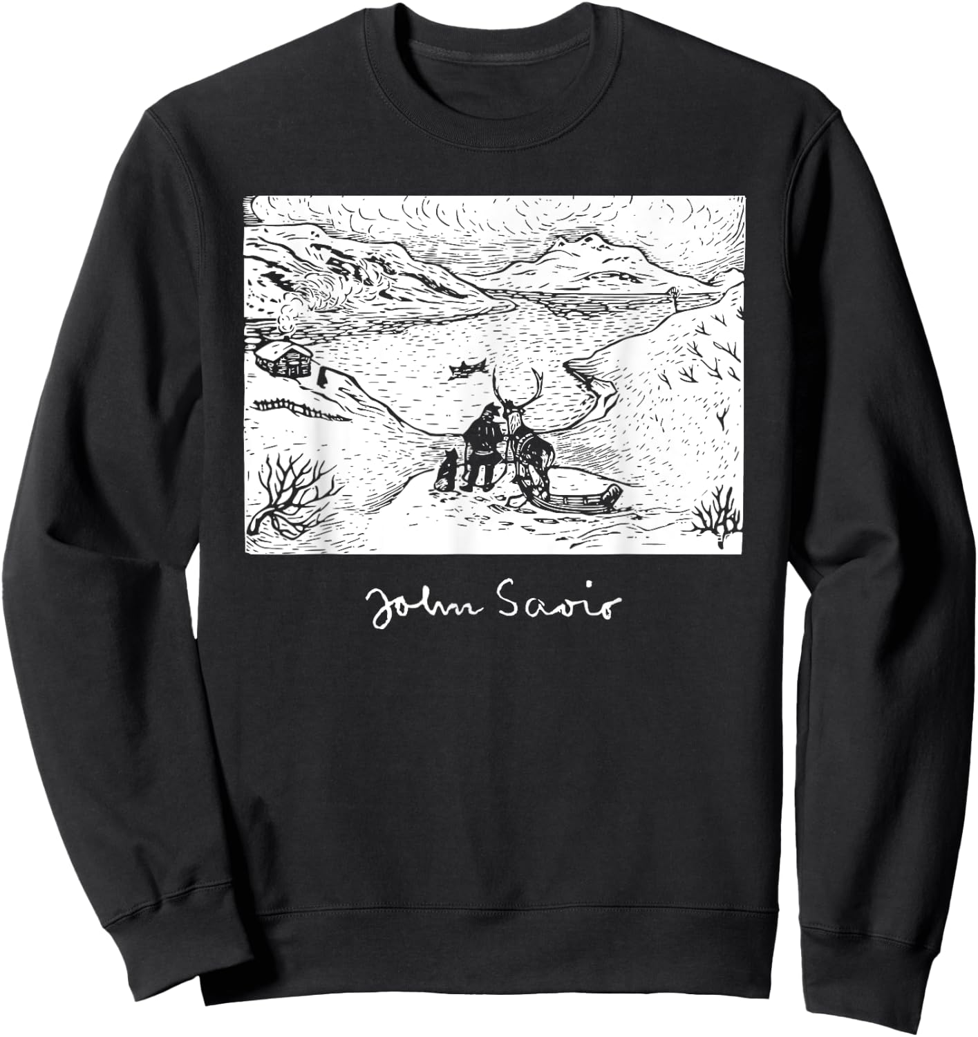 John Savio Sami Art Lapland Lapp with Reindeer at Bay Snow Sweatshirt - Sweatshirt | Black