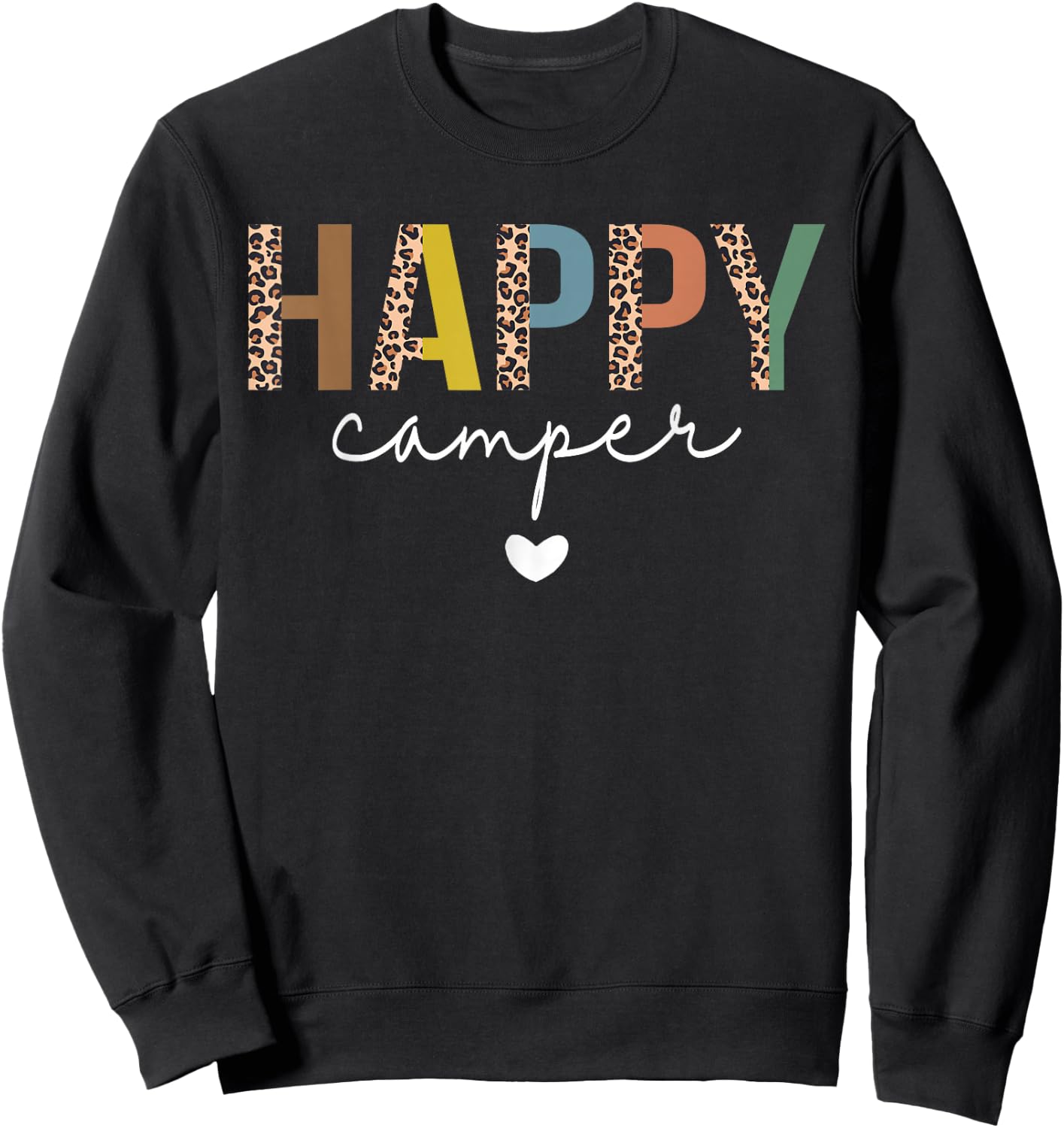 Happy Camper Retro Vintage Leopard Matching Camping Crew Sweatshirt - Sweatshirt | Black