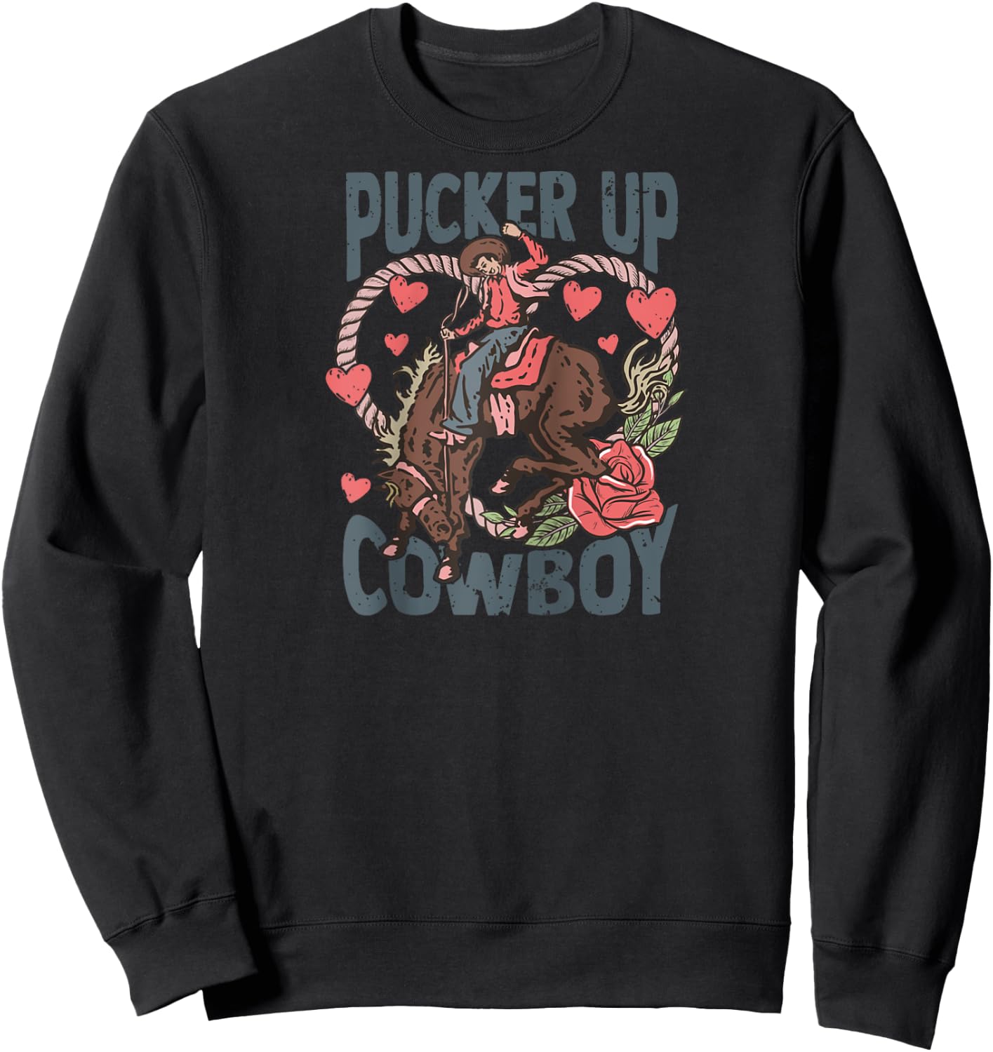 Pucker Up Cowboy Retro Groovy Howdy Valentines Cowboy Hat Raglan Baseball Sweatshirt - Sweatshirt | Black