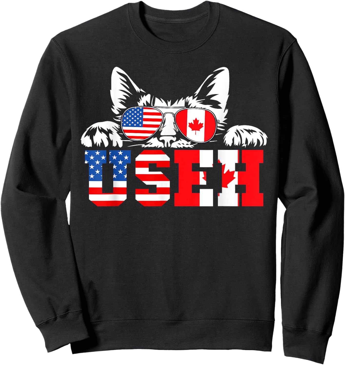 Funny Cat Lover Maple Leaf Canadian & USA Flag Canada Day Sweatshirt - Sweatshirt | Black