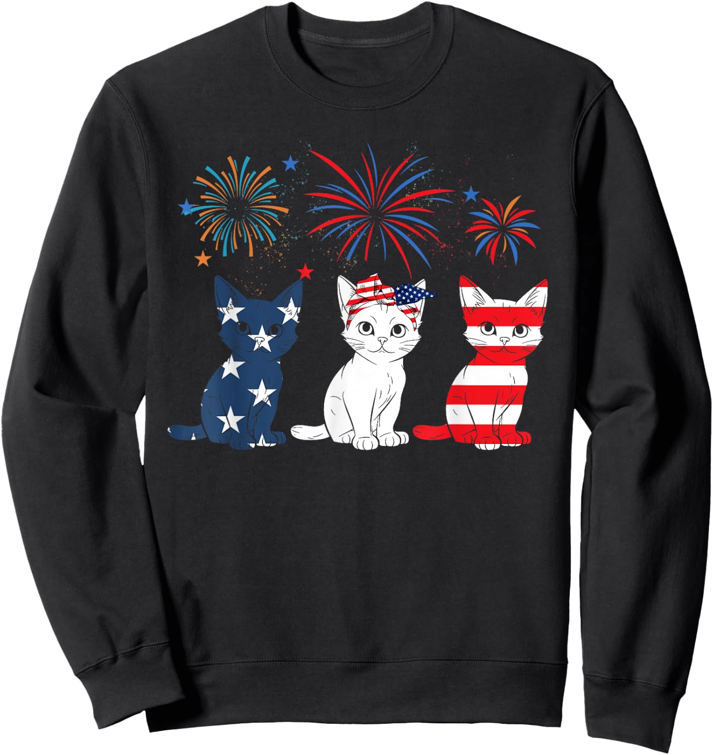 Red White Blue Cat USA Flag Firework 4th Of July Sweatshirt - Sweatshirt | Black