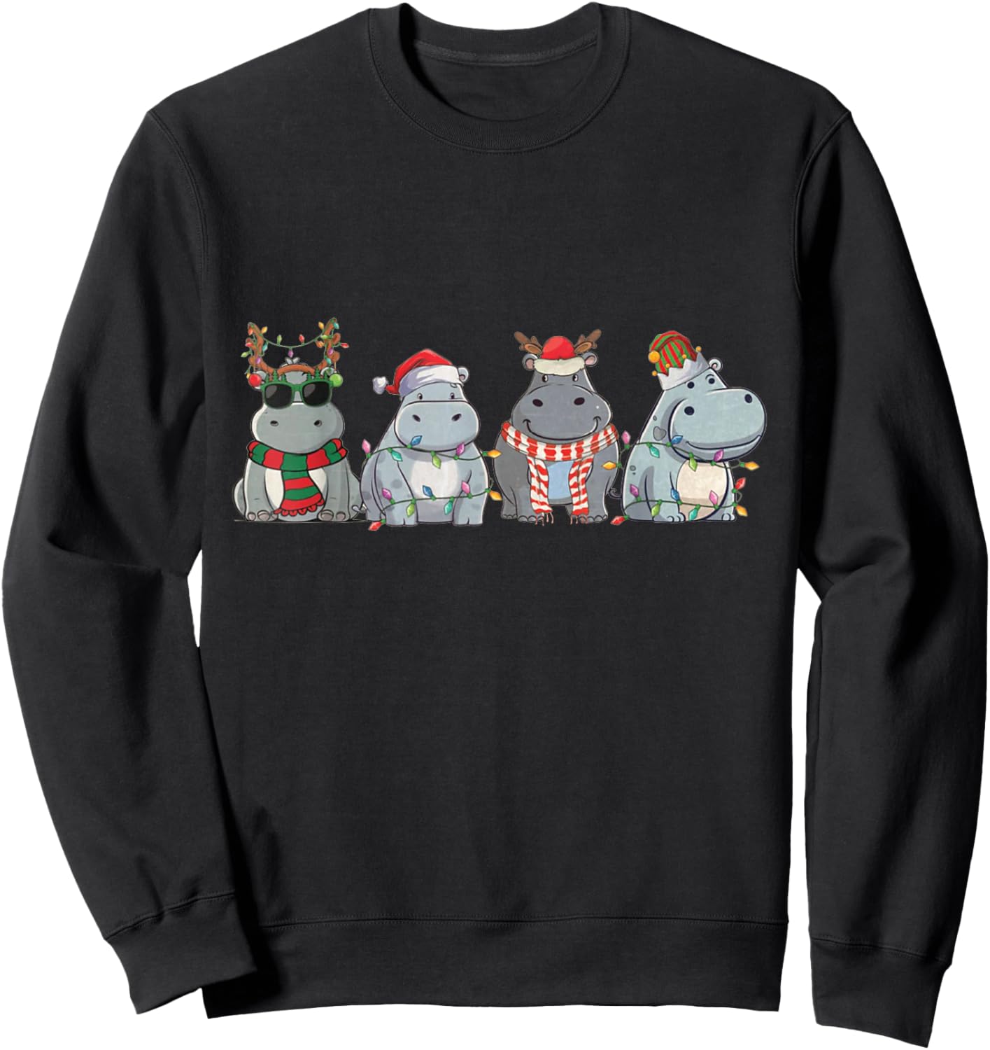 Hippopotamuses Christmas Lights Cute Hippo Christmas Sweatshirt - Sweatshirt | Black
