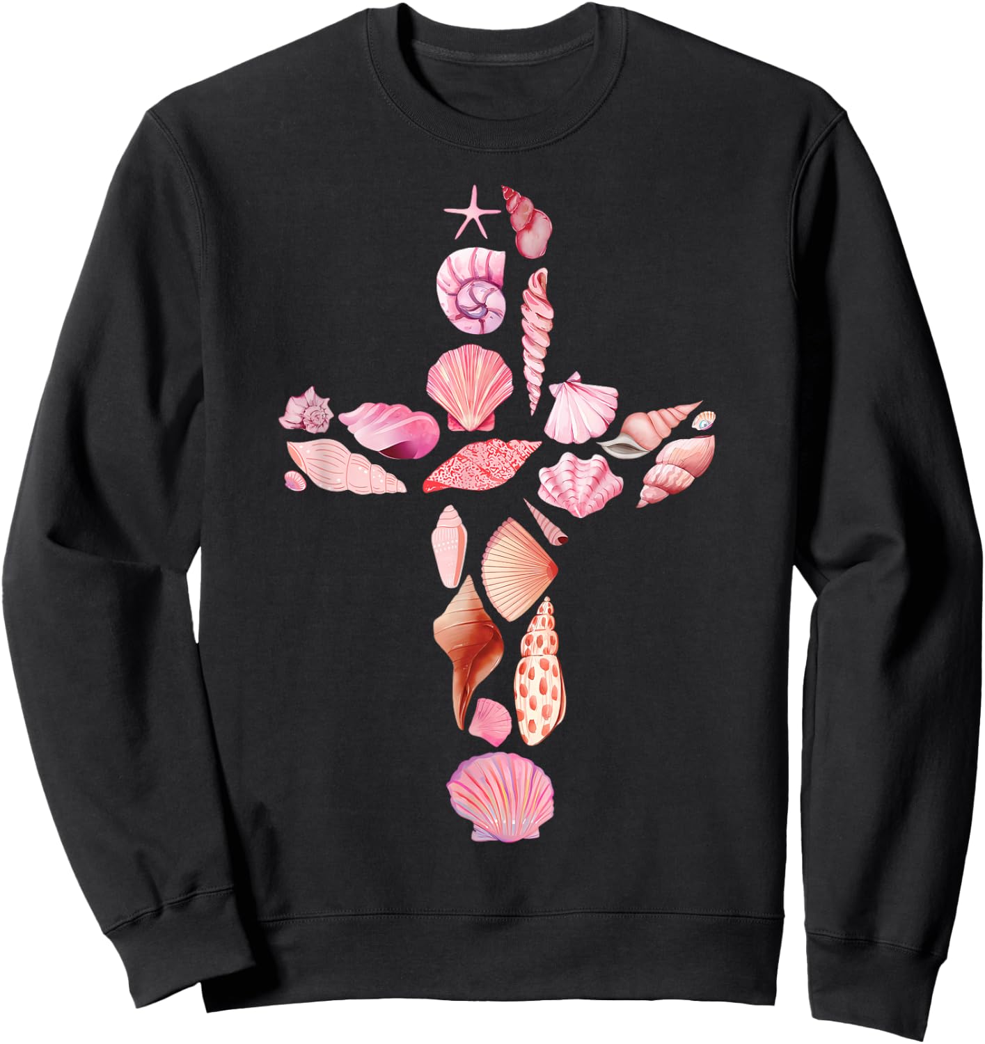 Beachy Ocean Seashell Faith Cross Christian Coquette Sweatshirt - Sweatshirt | Black