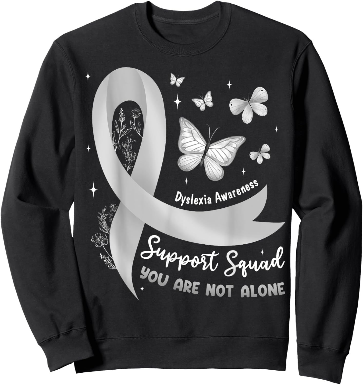 Support Squad Dyslexia Awareness Silver Ribbon Butterfly Sweatshirt - Sweatshirt | Black