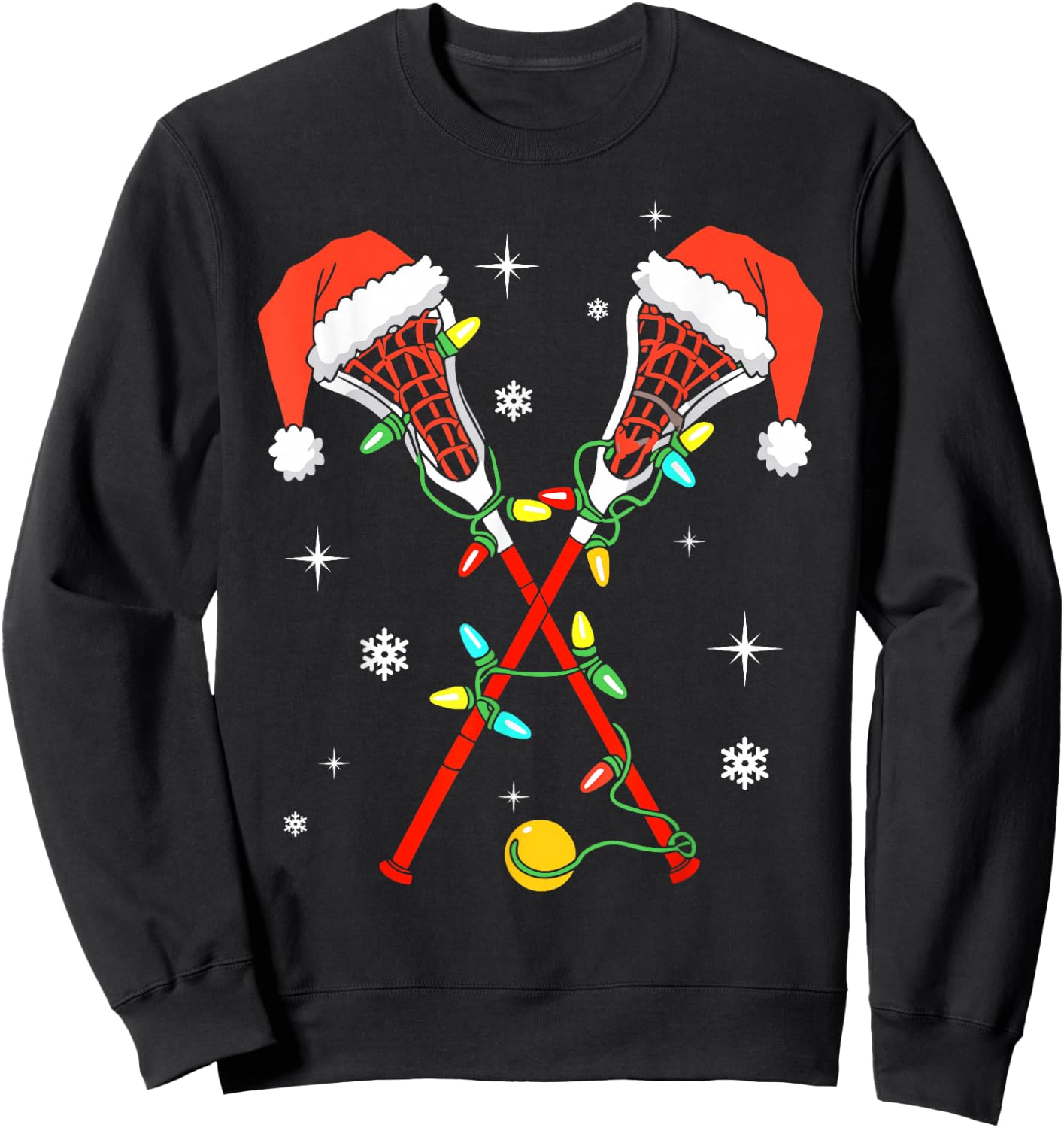 Lacrosse Player Xmas Lights Santa Hat Lacrosse Christmas Sweatshirt - Sweatshirt | Black