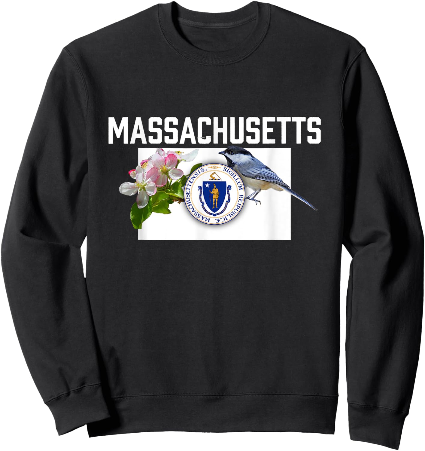 Massachusetts US State Flag With State Bird & Flower Sweatshirt - Sweatshirt | Black
