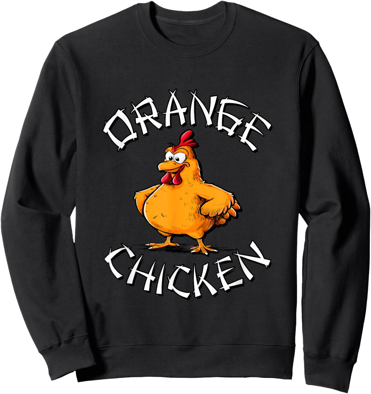 Redds Threads Orange Chicken -Adults Black Small Short Sleeve Classic Fit 100% Polyester Fun Cartoon Mandarin Collar Modern Unique Graphic Design Sweatshirt - Sweatshirt | Black