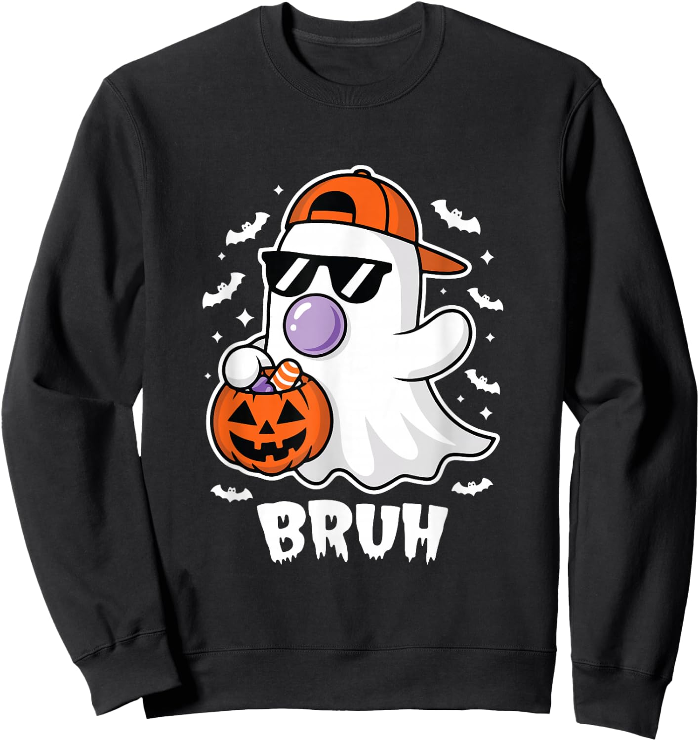 Bruh Ghost Bubble Gum Funny Halloween Costume Spooky Season Sweatshirt - Sweatshirt | Black