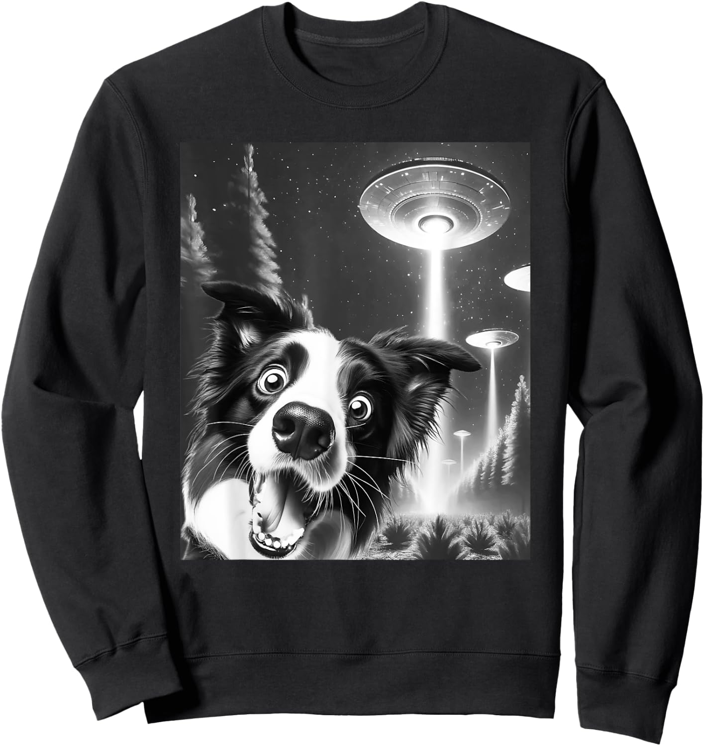 Funny Border Collie Alien UFO Taking a Selfie Dog Mom Dad Men Women Girls Kids Sweatshirt - Sweatshirt | Black