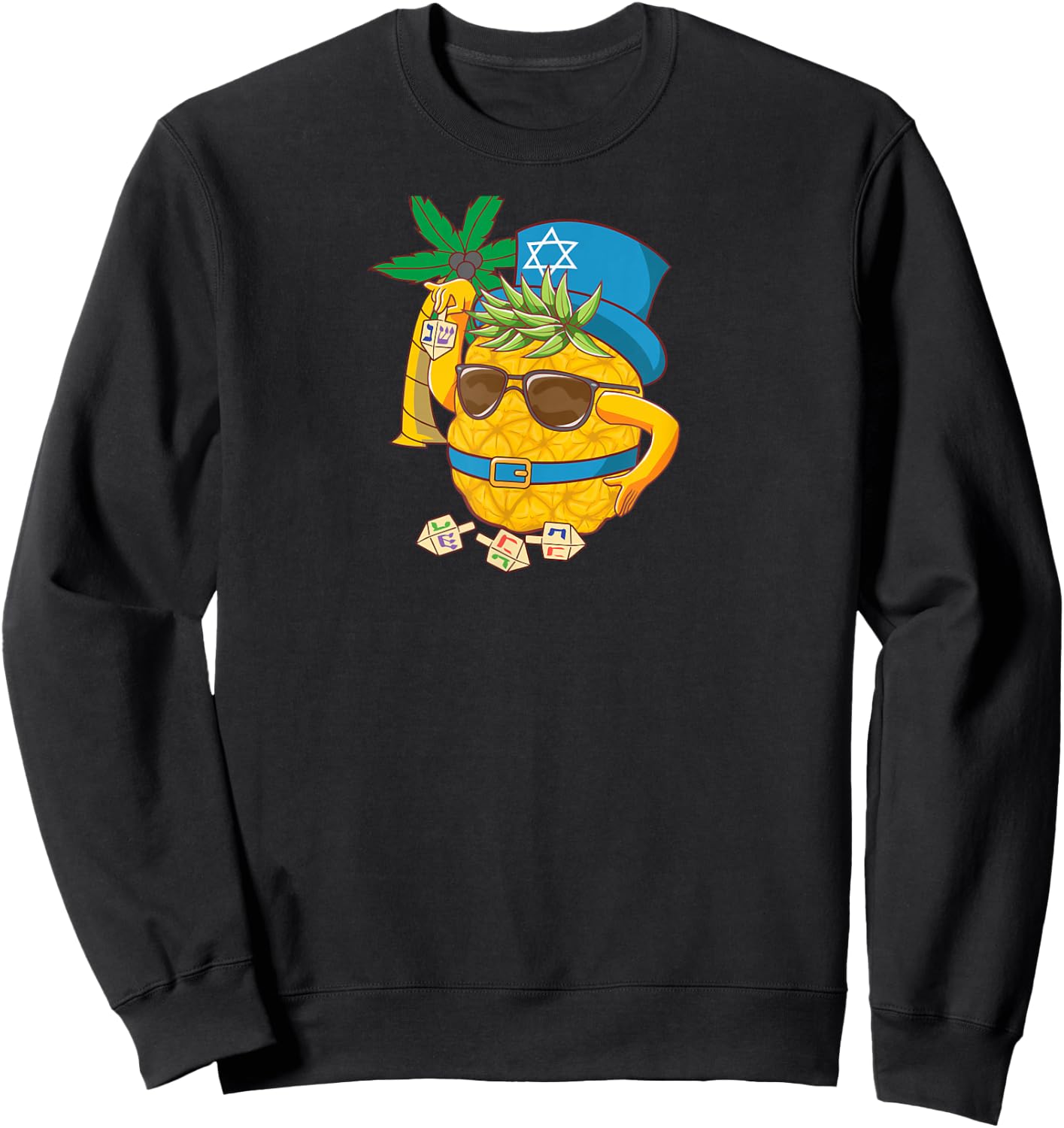 Funny Tropical Hanukkah Pineapple w Dreidel Palm Tree Sweatshirt - Sweatshirt | Black