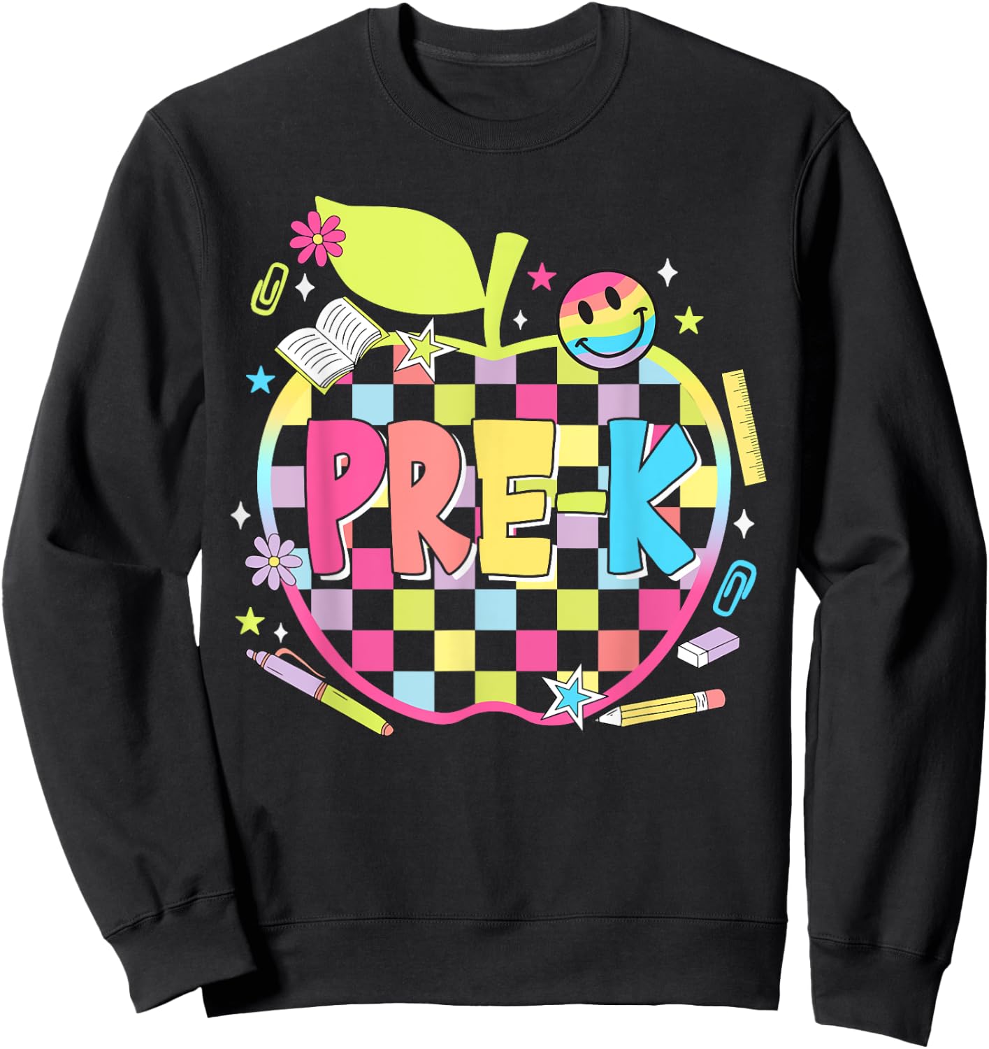 Pre-K Teachers Apples Retro Smile Face Back To School Sweatshirt - Sweatshirt | Black