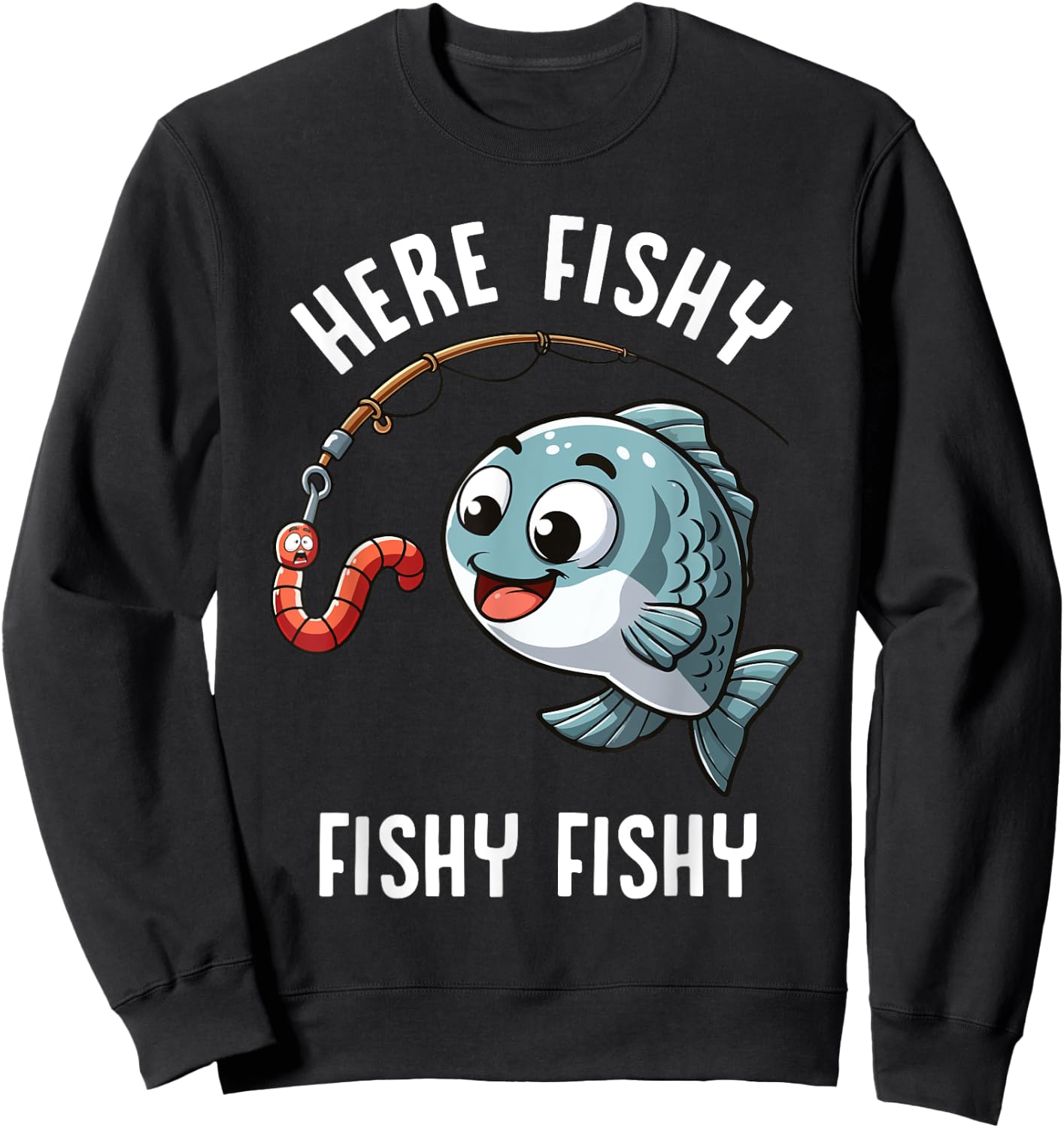 Here Fishy Fishing Funny Worm Cute Fish Fisherman Boys Girls Sweatshirt - Sweatshirt | Black