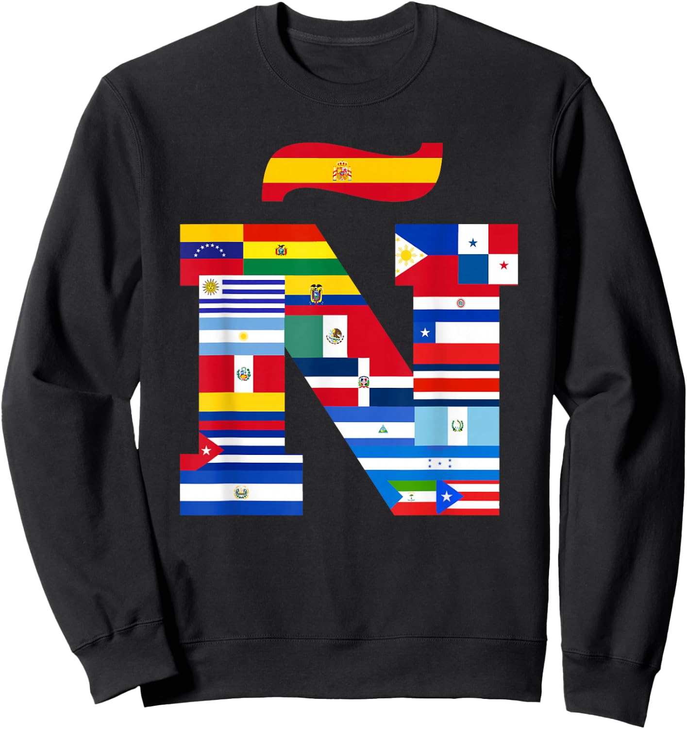 Ñ Viva la Hispanidad, Hispanic Heritage, Vibrant 'Ñ' Flag Sweatshirt - Sweatshirt | Black