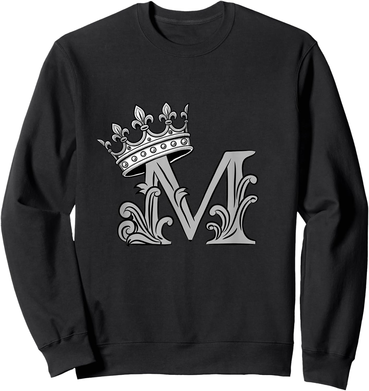 Grey Color Letter M Initial + Crown Grey Graphic Sweatshirt - Sweatshirt | Black