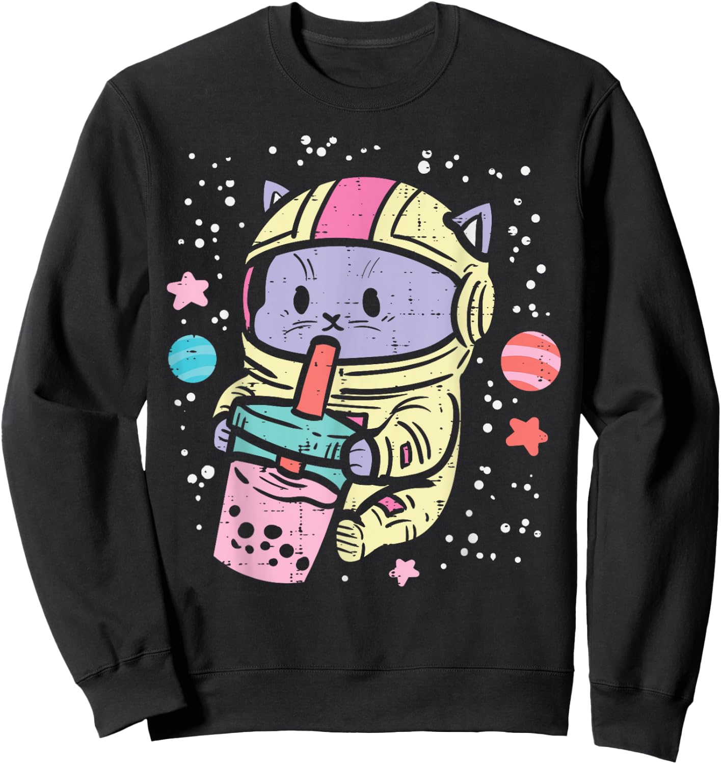 Cat Astronaut Boba Bubble Tea Kawaii Boys Girls Kids Toddler Sweatshirt - Sweatshirt | Black