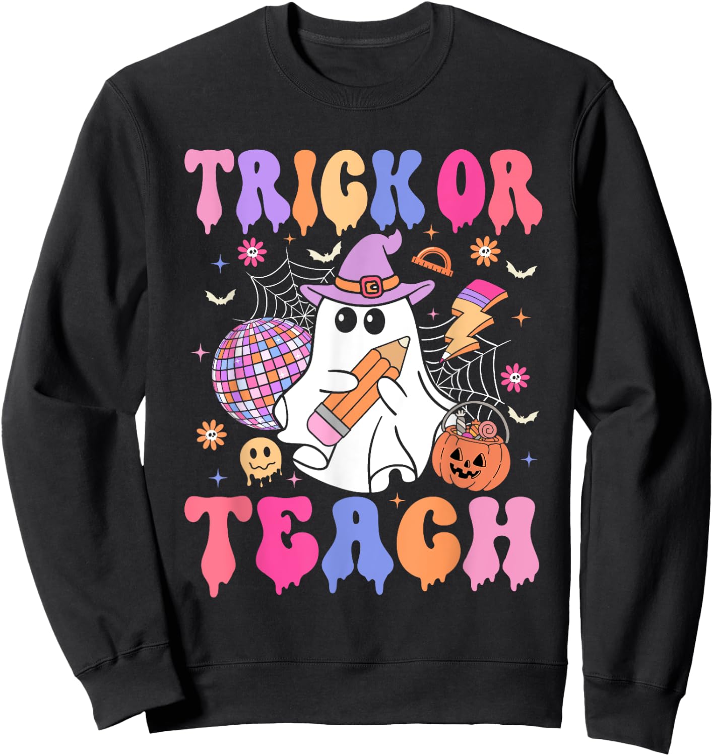 Trick Or Teach Groovy Halloween Floral Ghost Teacher Sweatshirt - Sweatshirt | Black
