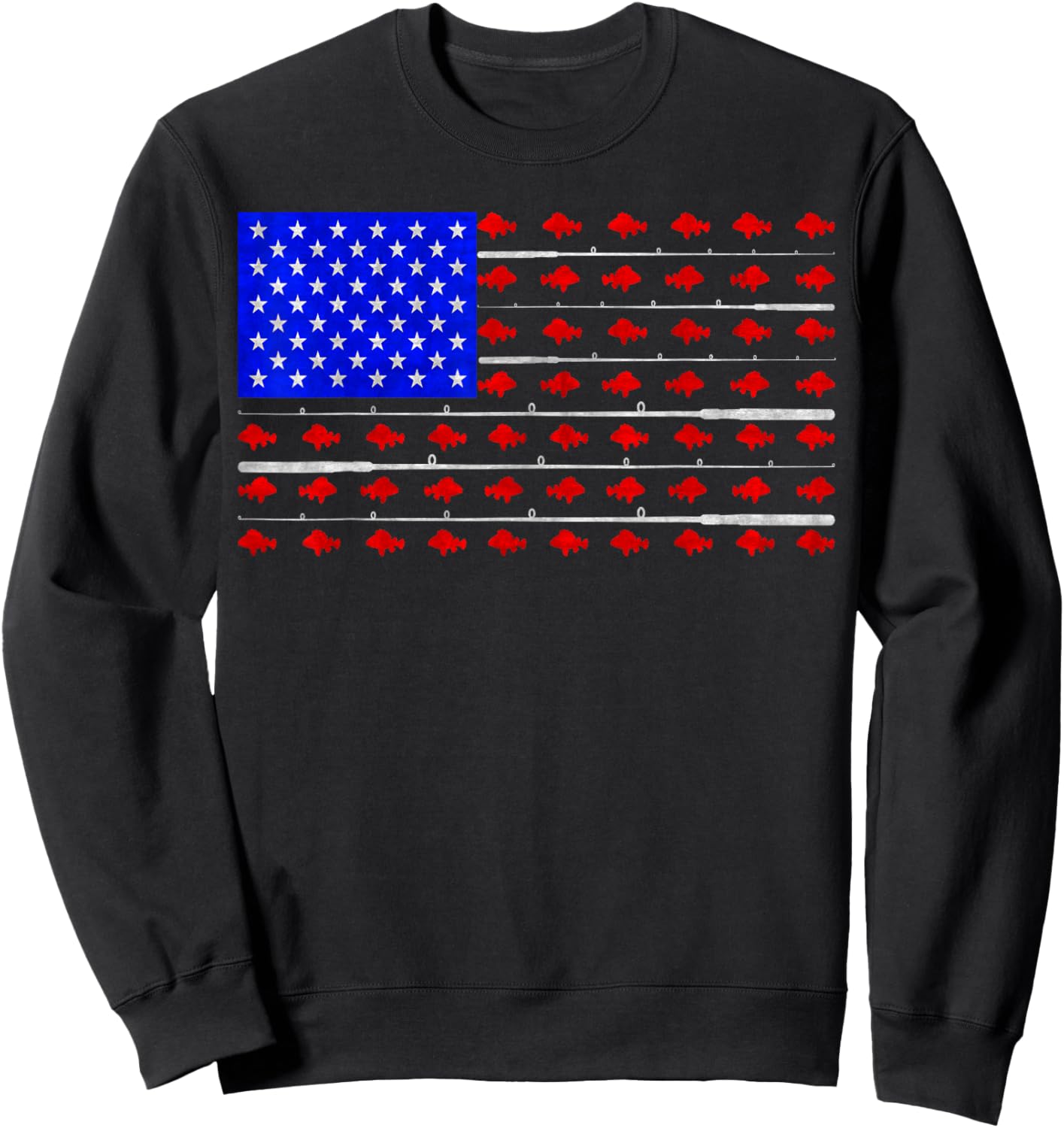 Vintage USA Flag Fishing, Fish And Rod, Fishing Lover Sweatshirt - Sweatshirt | Black
