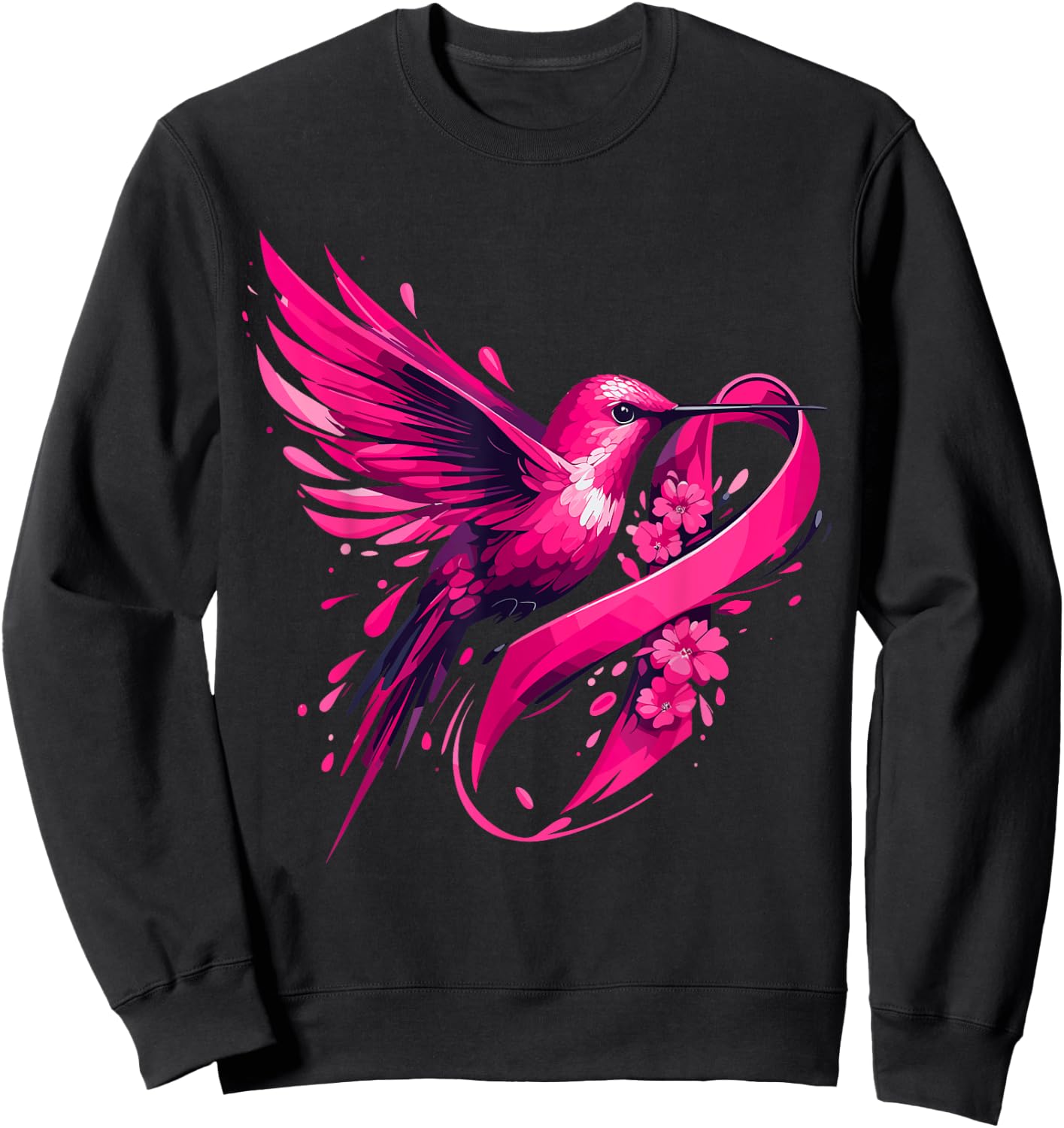 Hummingbird Flower Pink Ribbon Breast Cancer Awareness Sweatshirt - Sweatshirt | Black