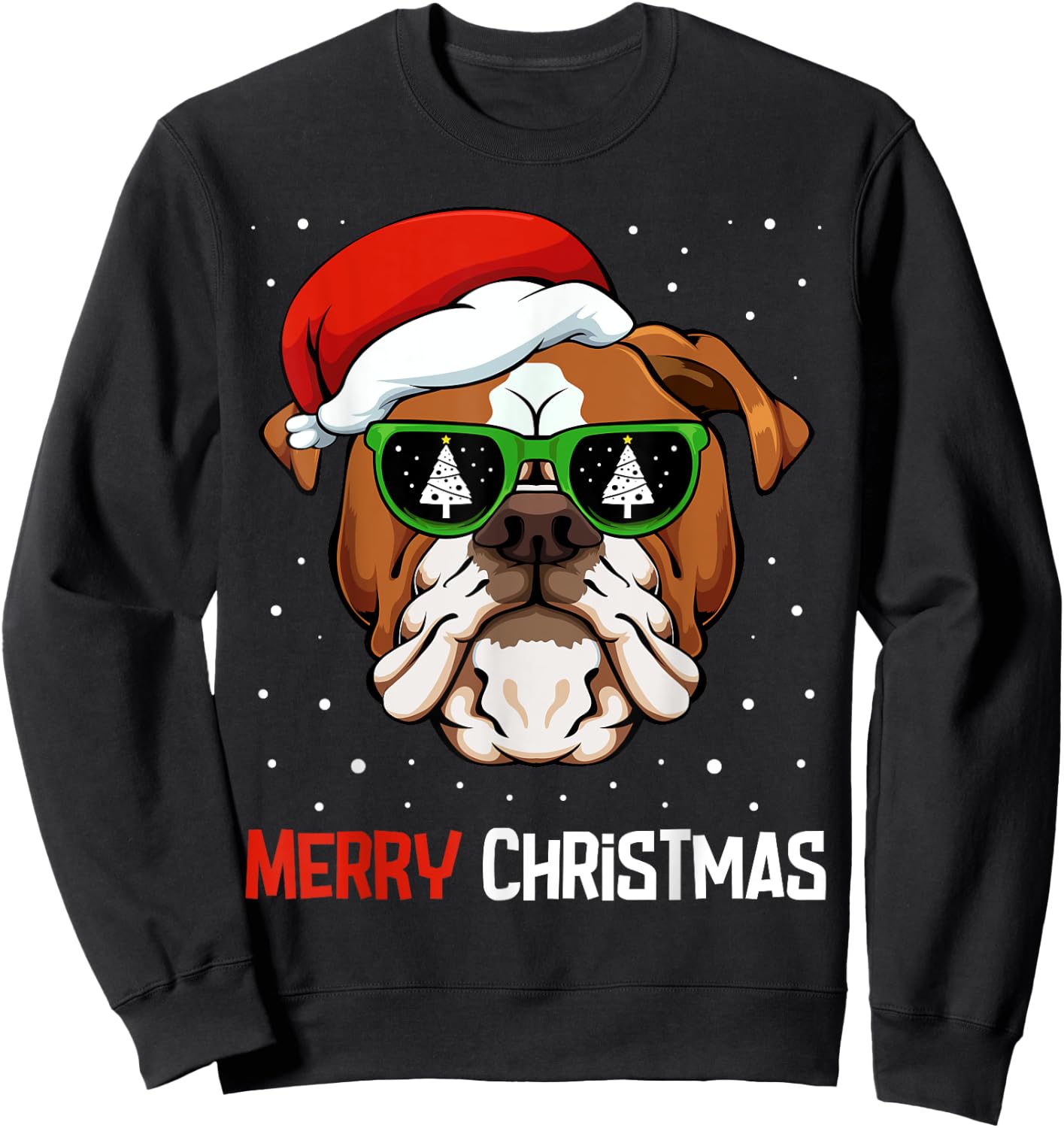 English Bulldog Santa Hat Christmas Pajama Dog X-Mas Tree Sweatshirt - Sweatshirt | Black