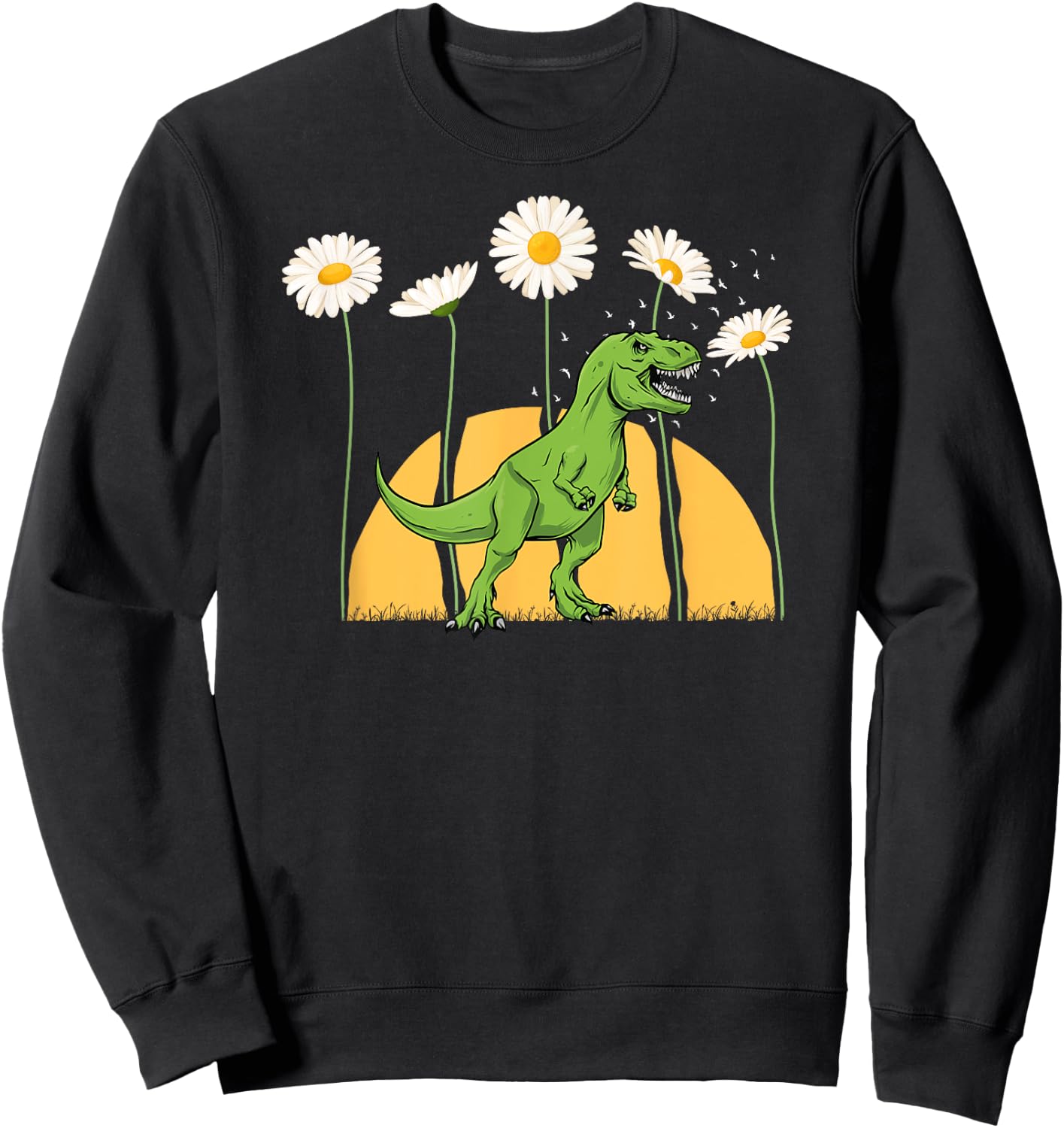 Dinosaur Spring Sunset Towering Daisy Flowers Dino T rex Sweatshirt - Sweatshirt | Black