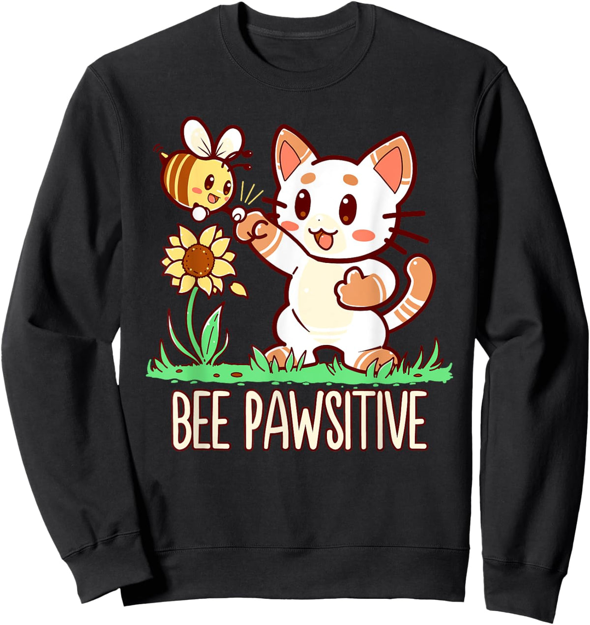 Bee Pawsitive Cat and Bumble Bee Pun Women Girls Kids Sweatshirt - Sweatshirt | Black