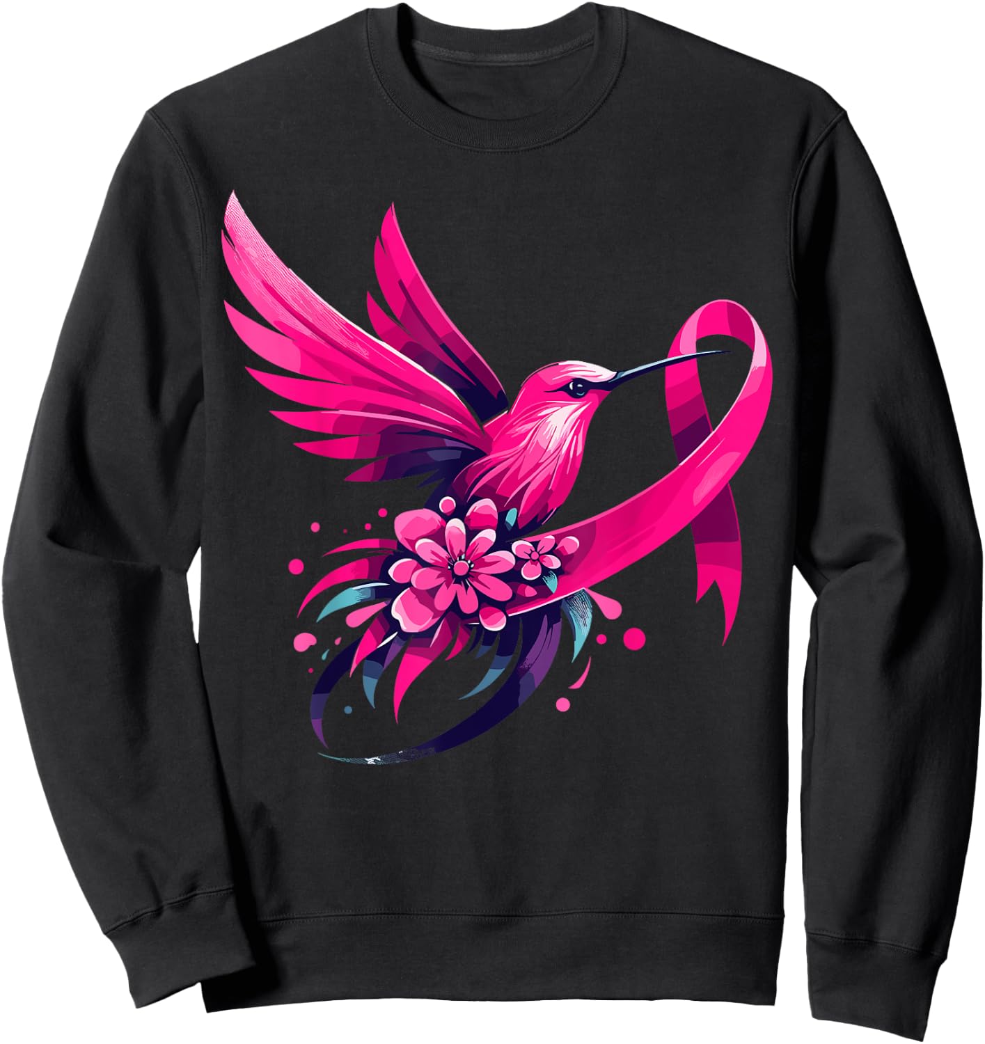 Hummingbird Flower Pink Ribbon Breast Cancer Awareness Sweatshirt - Sweatshirt | Black