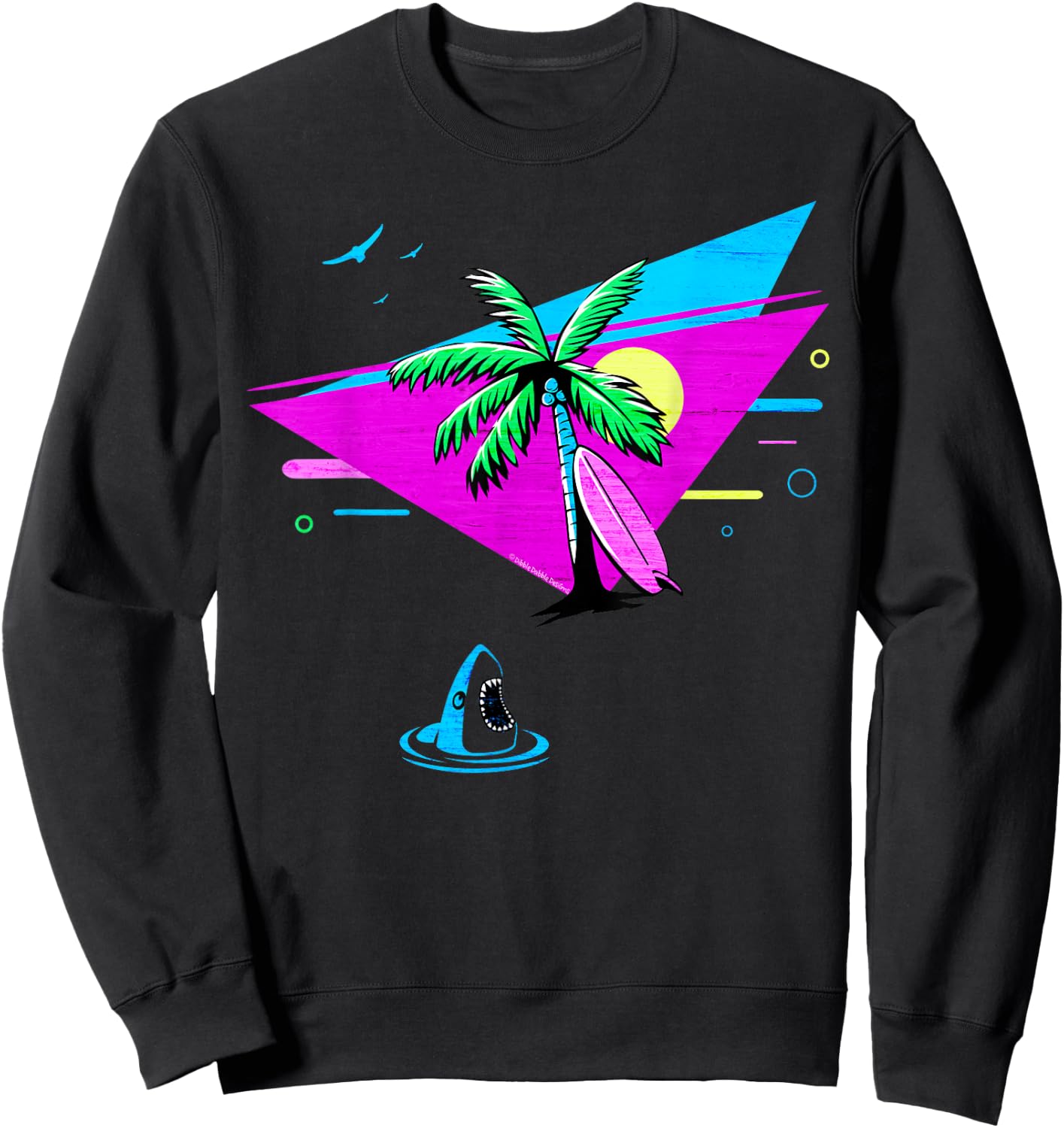 Fun Retro Tropical Vaporwave Palm Trees Shark and Surfboard Sweatshirt - Sweatshirt | Black