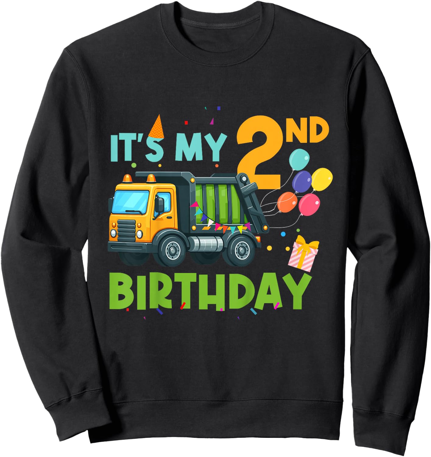 It's My Second Birthday 2 Year Old Garbage Truck Birthday Sweatshirt - Sweatshirt | Black