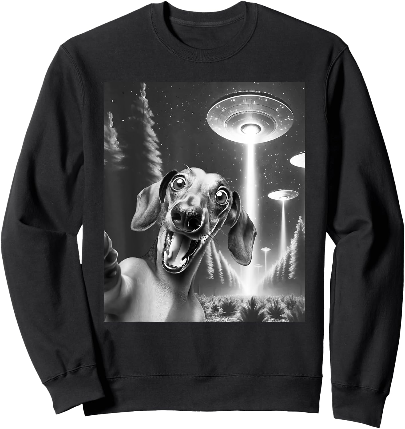 Funny Dachshund Alien UFO Taking a Selfie Weiner Dog Mom Dad Women Kids Sweatshirt - Sweatshirt | Black