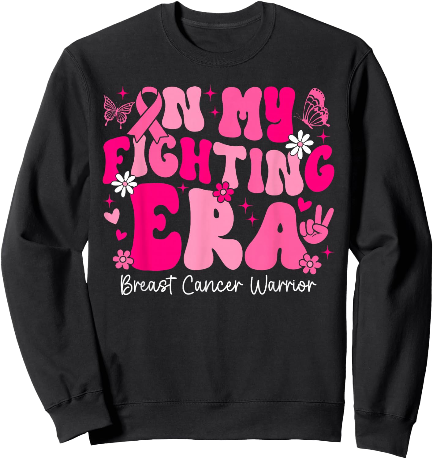 In My Fighting Era Breast Cancer Awareness Warrior Groovy Sweatshirt - Sweatshirt | Black