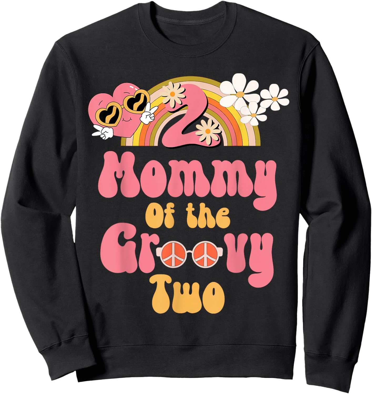 Mommy of the Groovy Two peace sign retro birthday matching Sweatshirt - Sweatshirt | Black