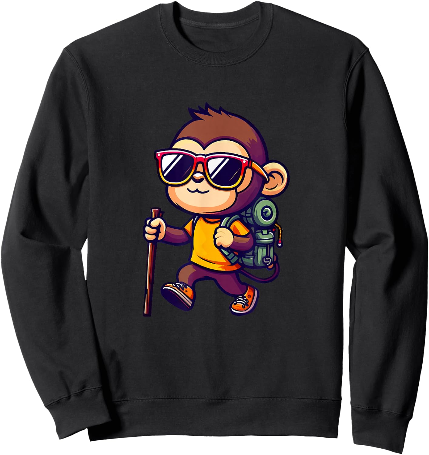 Hiking Monkey With Backpack And Walking Stick Sweatshirt - Sweatshirt | Black