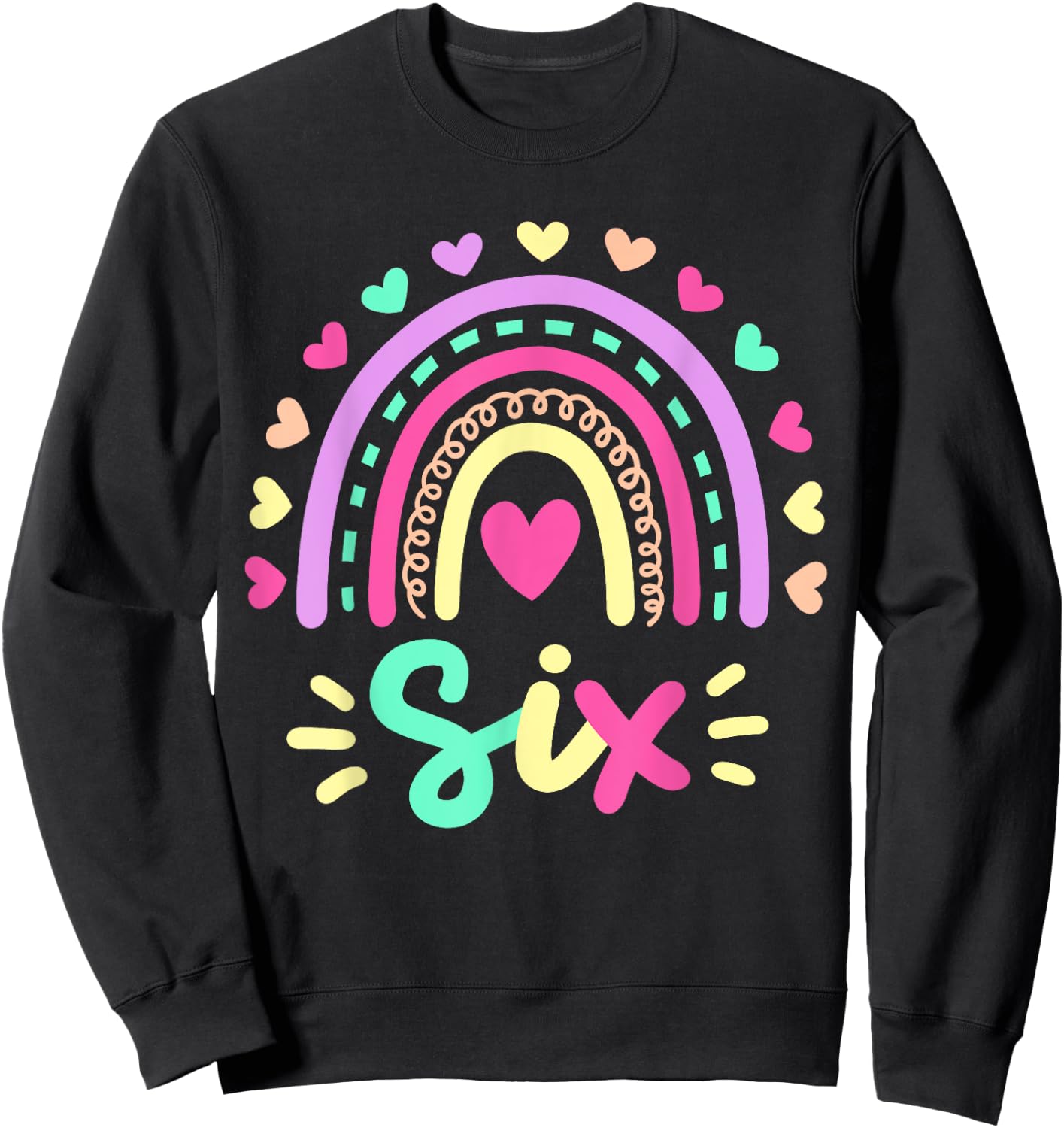 Six 6th Birthday Retro Rainbow Boho 6 Years Old Girls Kids Sweatshirt - Sweatshirt | Black