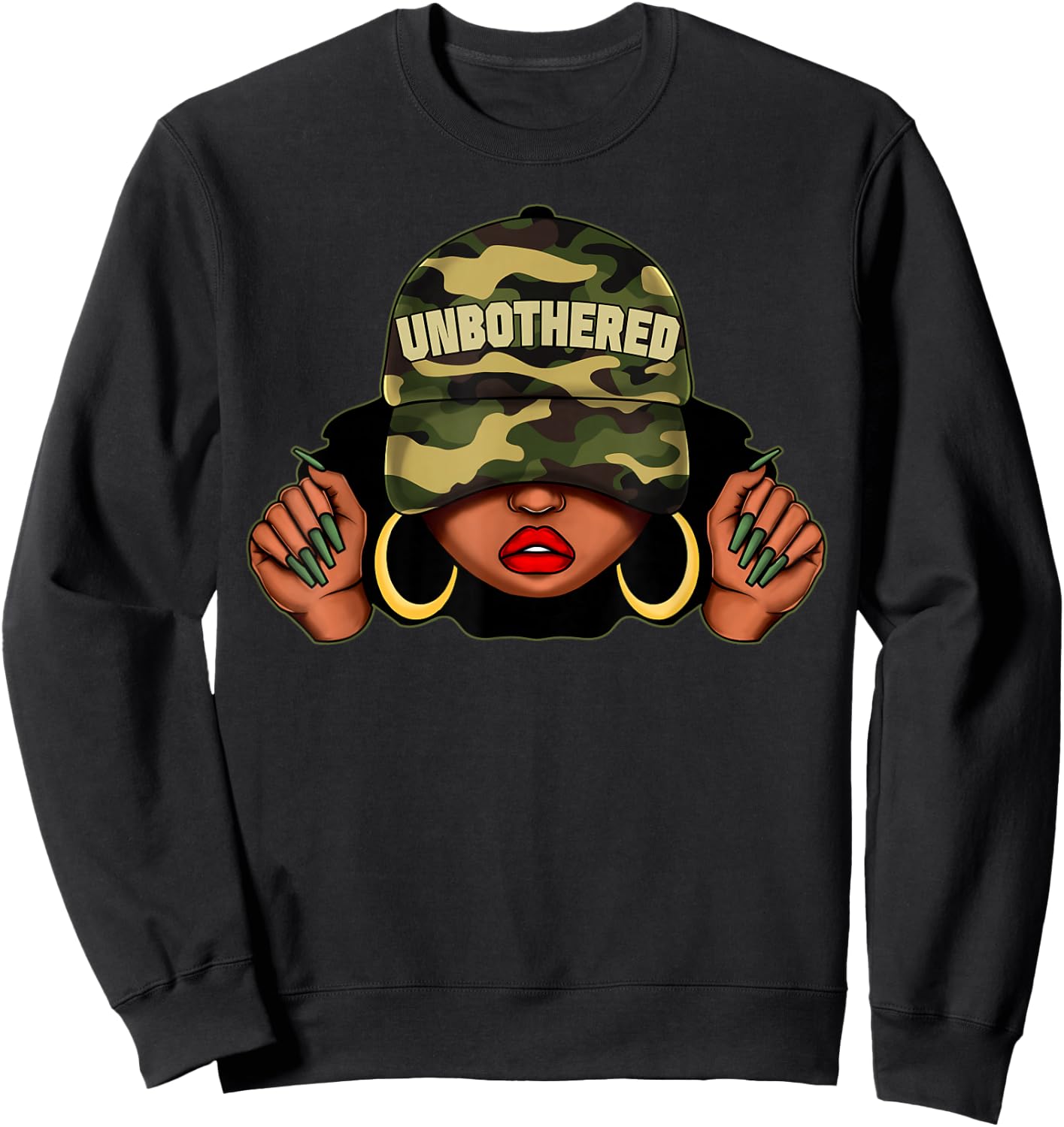 Unbothered Black Girl with Cap Camo Afro Woman Black Queen Sweatshirt - Sweatshirt | Black