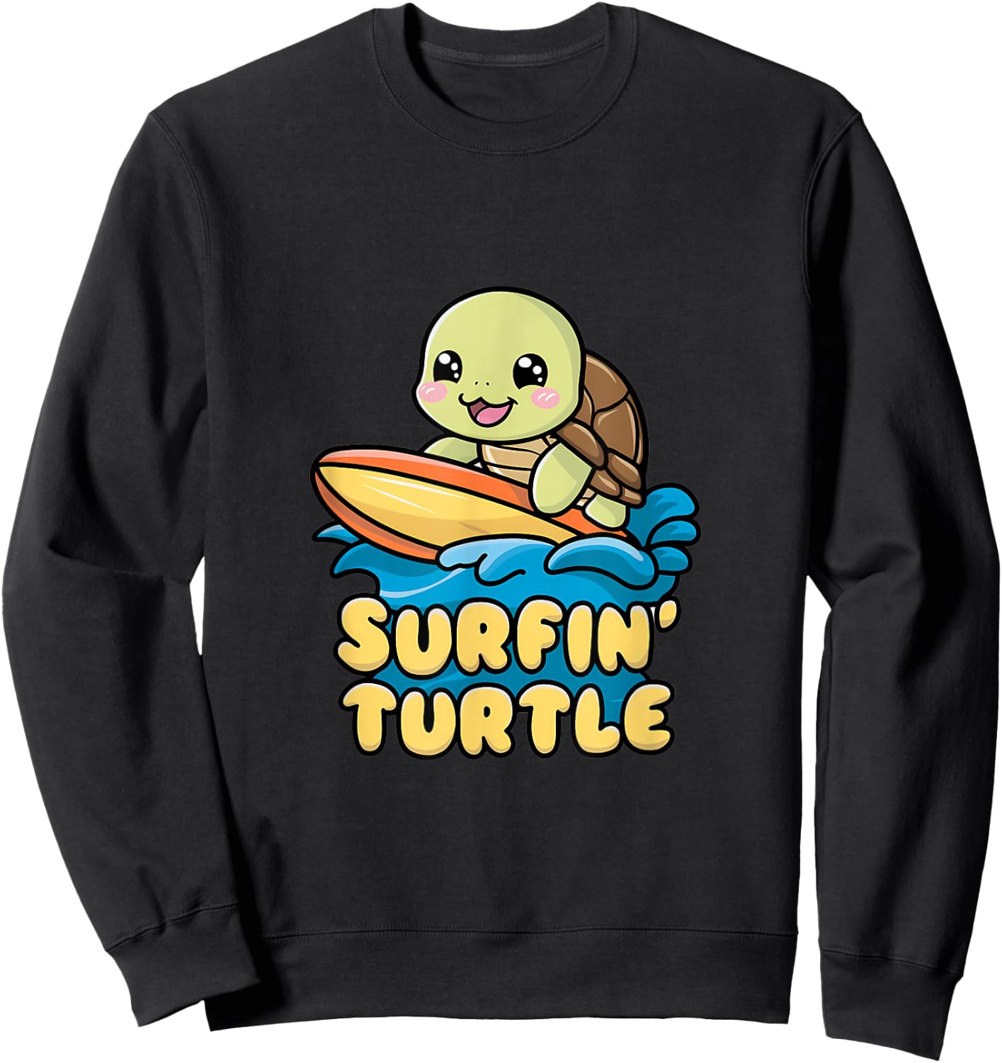 Surfin' Turtle Kawaii Surfing Design Women Kids Sweatshirt - Sweatshirt | Black