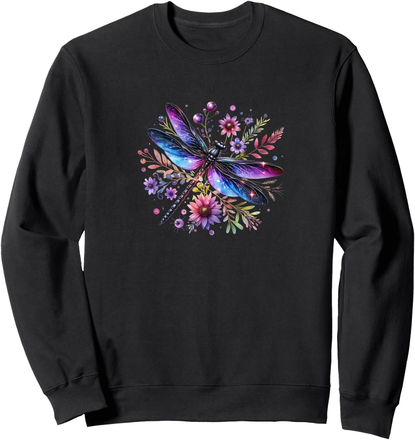 Beautiful Watercolor Black and Purple Dragonfly On Flowers Sweatshirt - Sweatshirt | Black