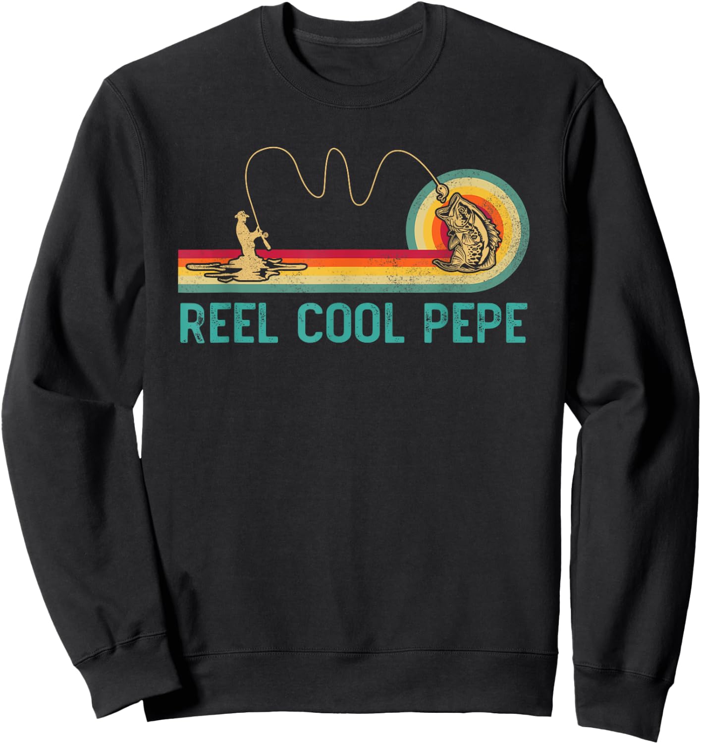 Reel Cool Pepe Vintage Retro Fishing Funny Fisherman Pepe Sweatshirt - Sweatshirt | Black