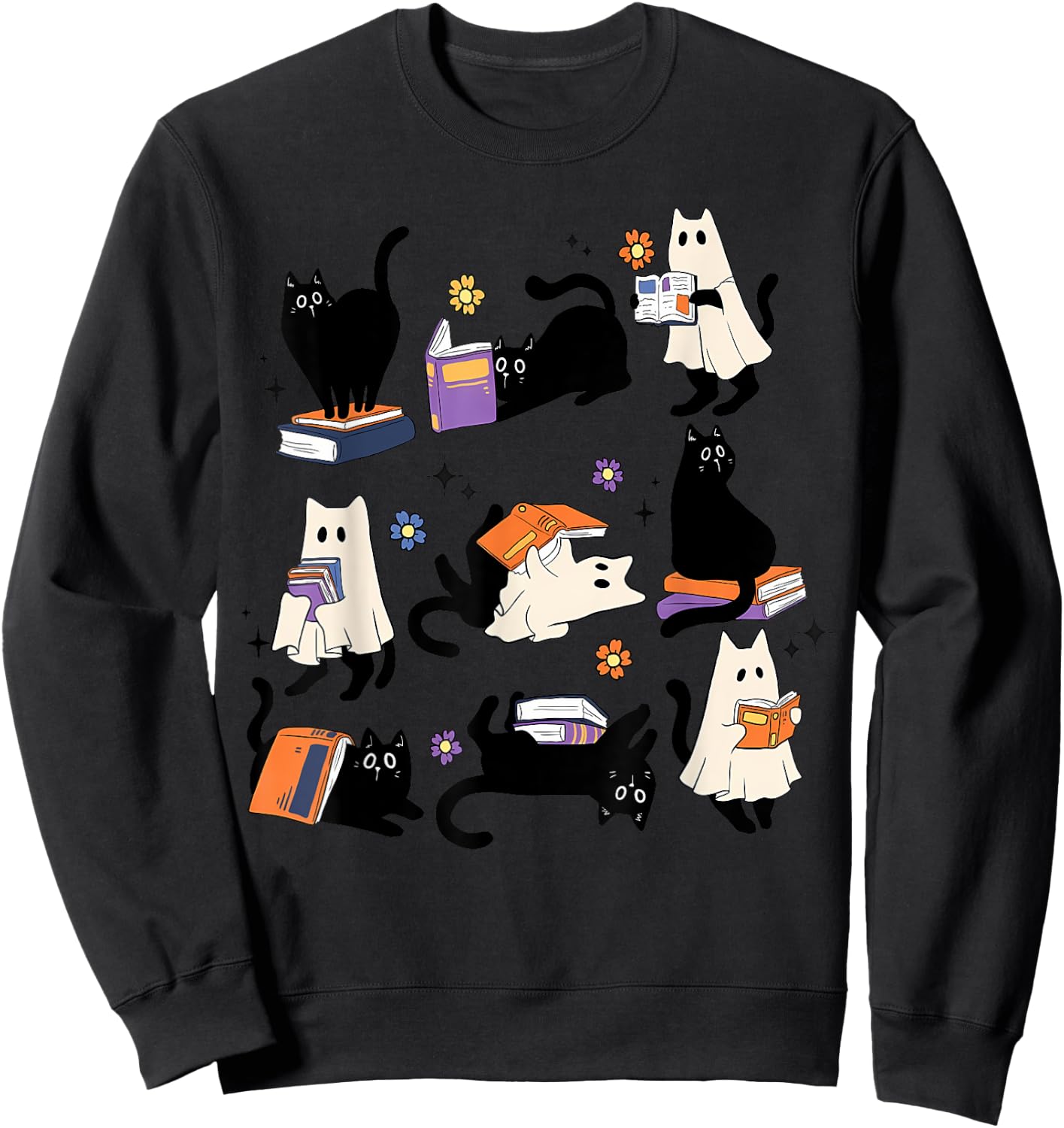 Cute Ghost Cat Reading Books Lover Bookish Halloween Spooky Sweatshirt - Sweatshirt | Black