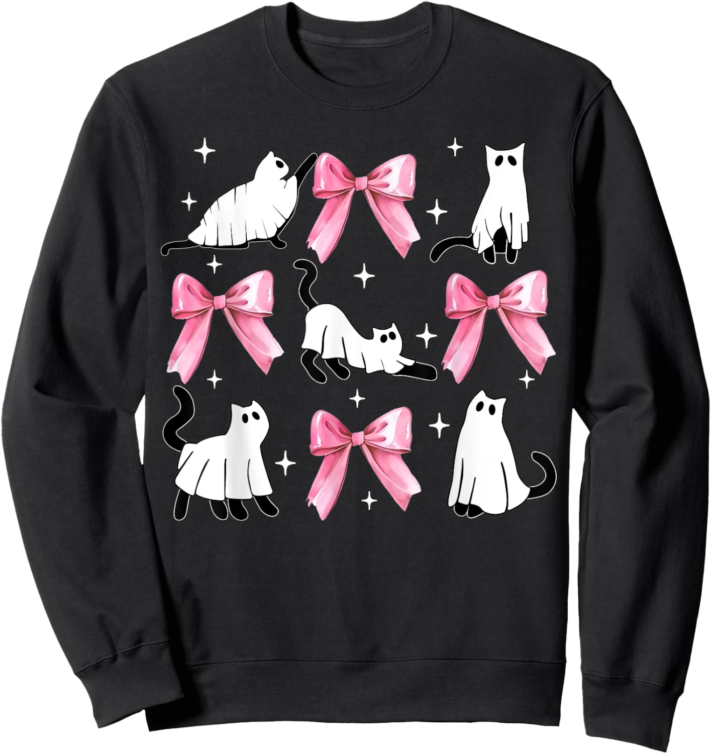 Ghost Cat Boo Costume Cute Pink Bow Coquette Kitty Halloween Women Kids Sweatshirt - Sweatshirt | Black