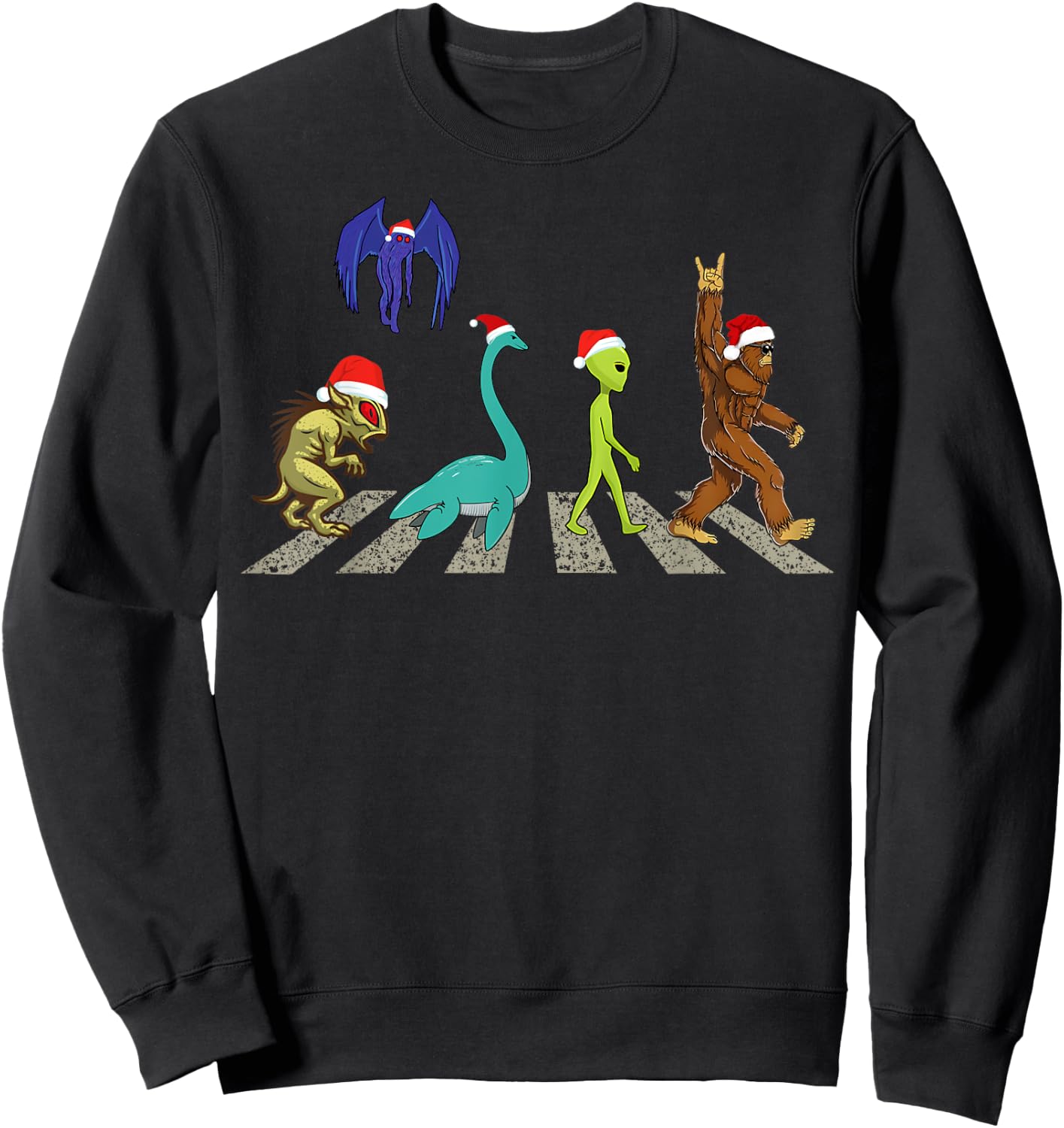 Christmas Cryptid Squad Bigfoot Mothman Alien Nessie Sweatshirt - Sweatshirt | Black
