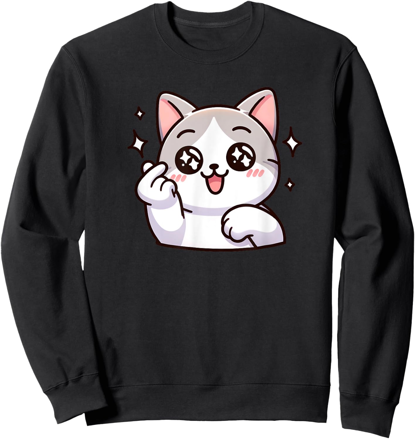 Funny Cat Cartoon Finger-heart K-pop Korean Men Women Kids Sweatshirt - Sweatshirt | Black