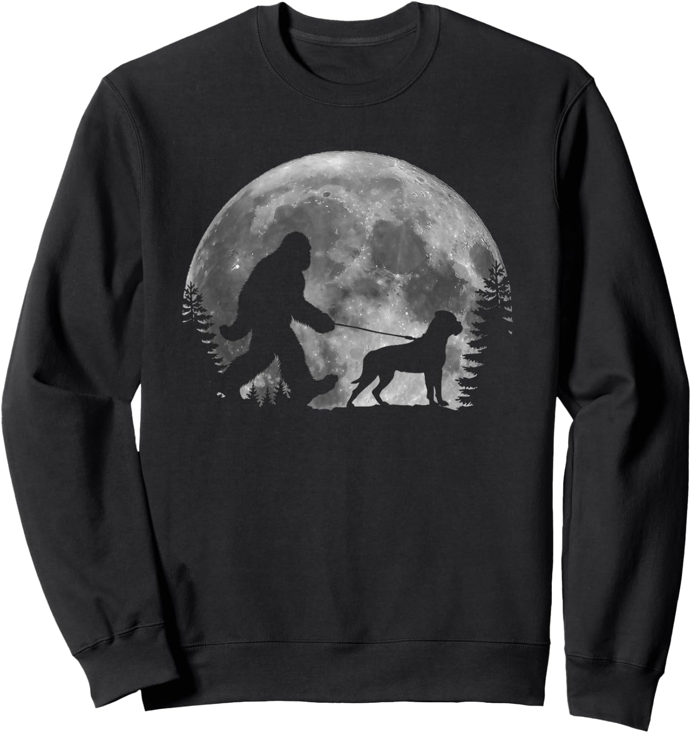 Bigfoot Walking a Dog Funny Bull Mastiff Moon Halloween Men Women Kids Sweatshirt - Sweatshirt | Black