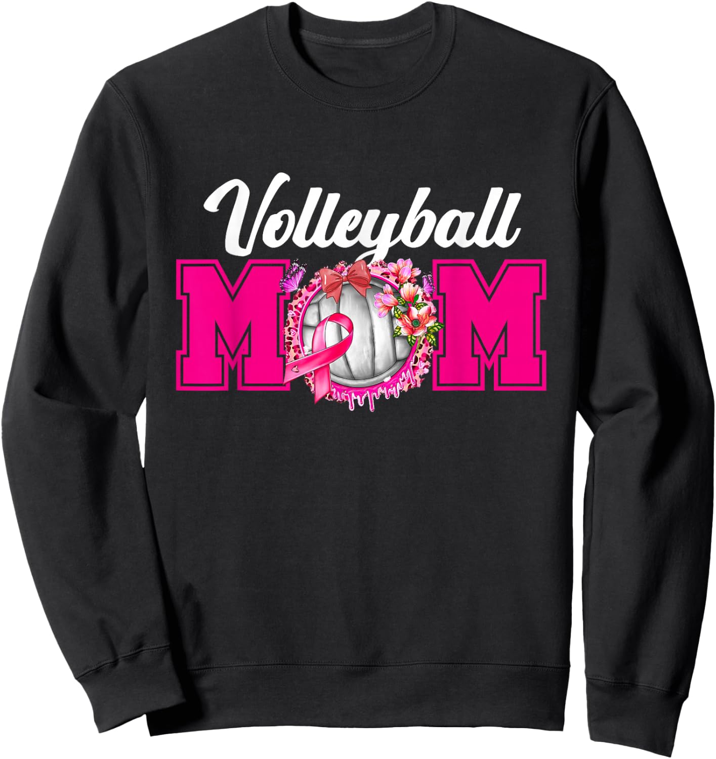 Volleyball Mom Pink Ribbon Breast Cancer Fighter Sport Fan Sweatshirt - Sweatshirt | Black