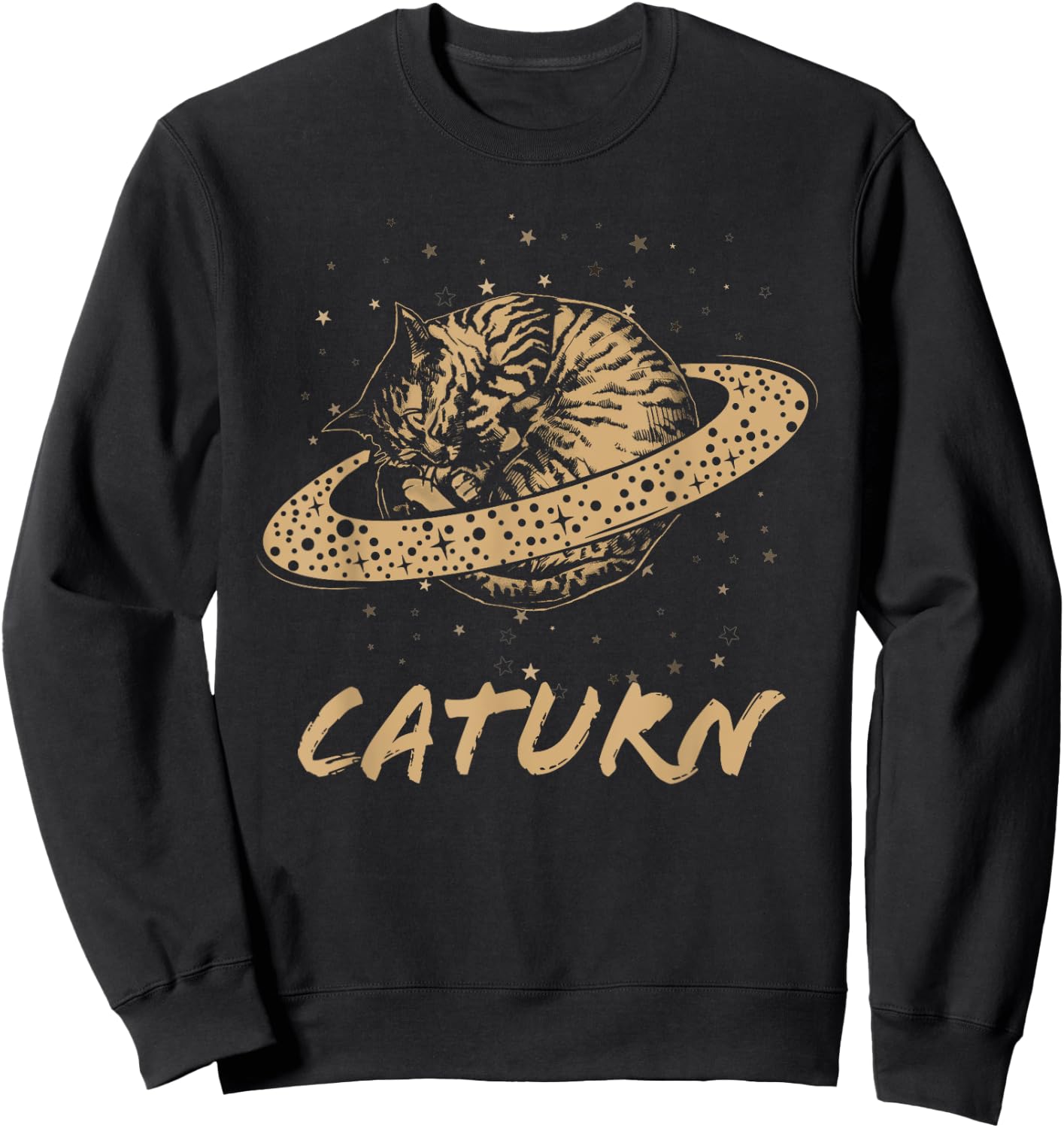 Cat Staring at Planet Saturn Retro Science Caturn Astrology Sweatshirt - Sweatshirt | Black