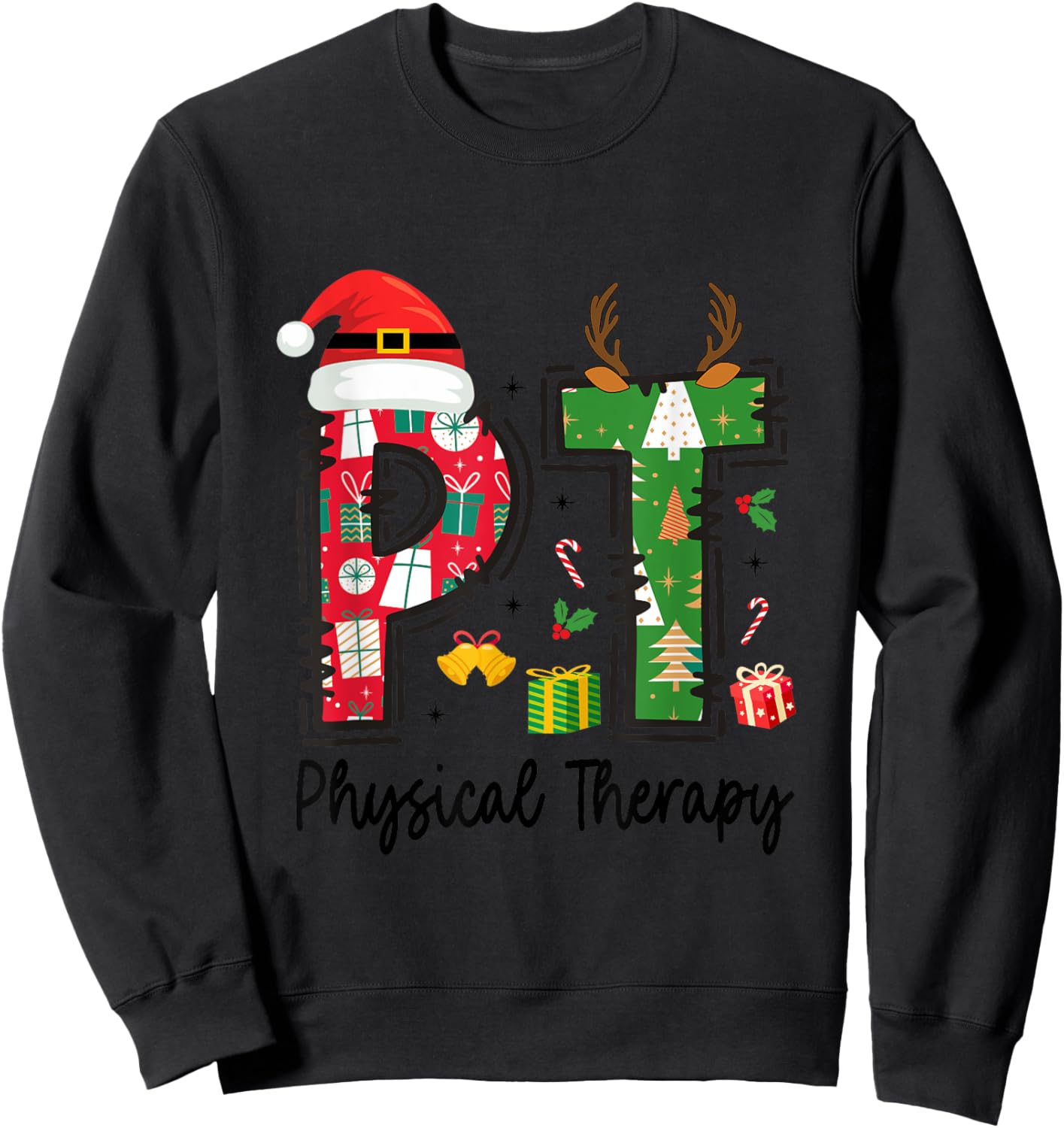 Christmas Physical Therapy Ls -Adults Grey Small Classic Fit Short Sleeve Graphic Cartoon Holiday Physical Therapy Therapist Xmas Sweatshirt - Sweatshirt | Black